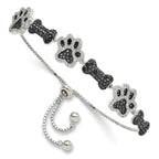 Sterling Silver Rhodium-plated CZ Paw Print & Dog Bone Adj Bracelet