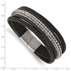 Stainless Steel Polished Multi Strand Black Leather Bracelet for Men