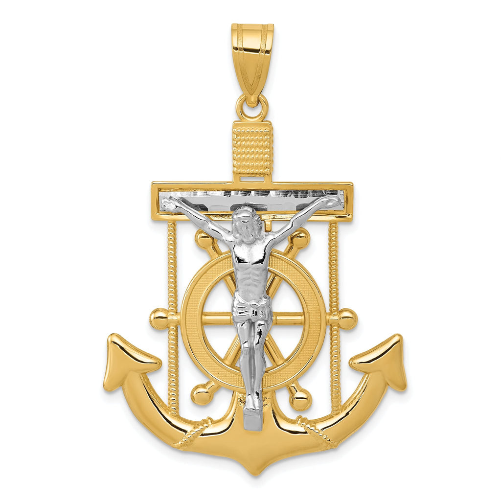 14K Two-Tone Gold Mariner's Cross Pendant with Diamond-Cut Finish  51mm