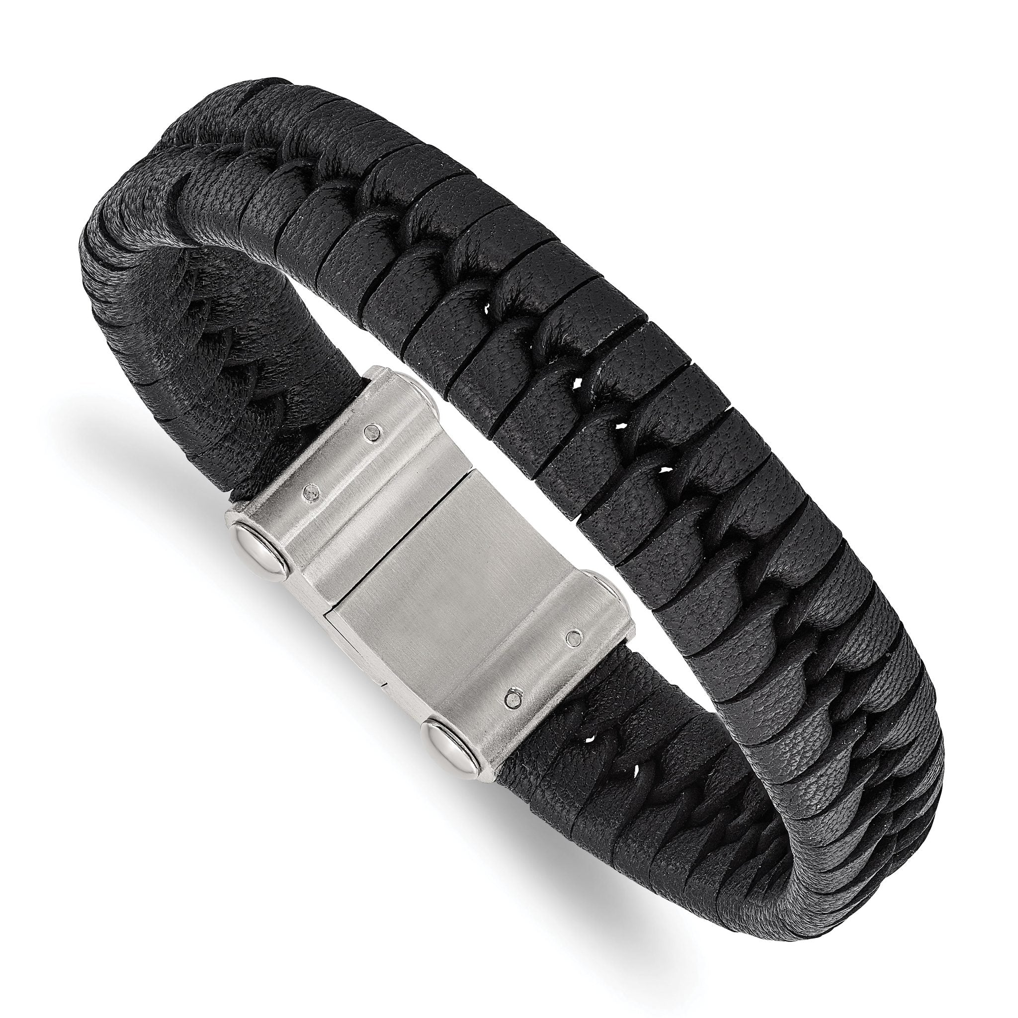 Stainless Steel Brushed Black Leather Bracelet for Men
