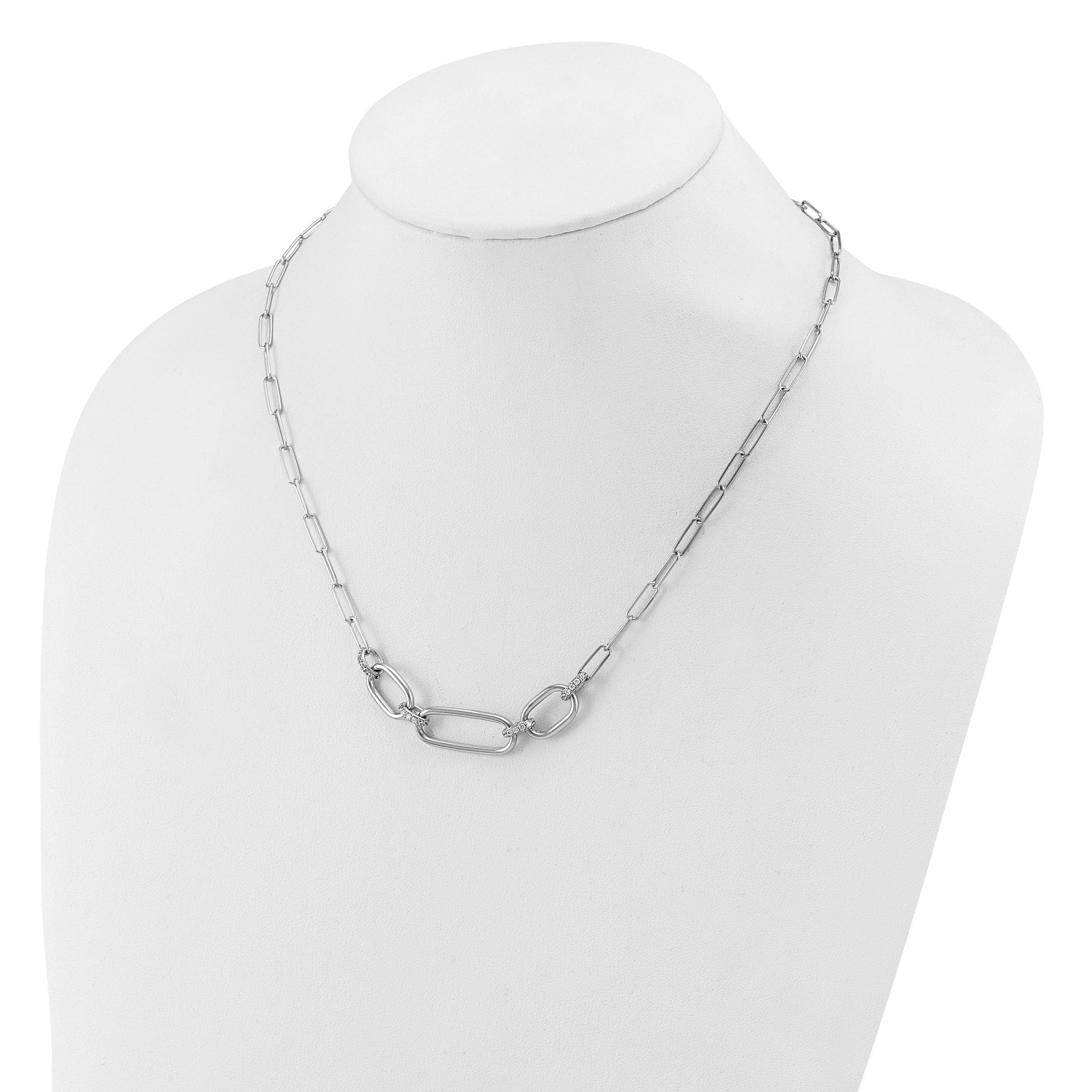 Sterling Silver Rh-plated Polished CZ with 2in ext. Necklace