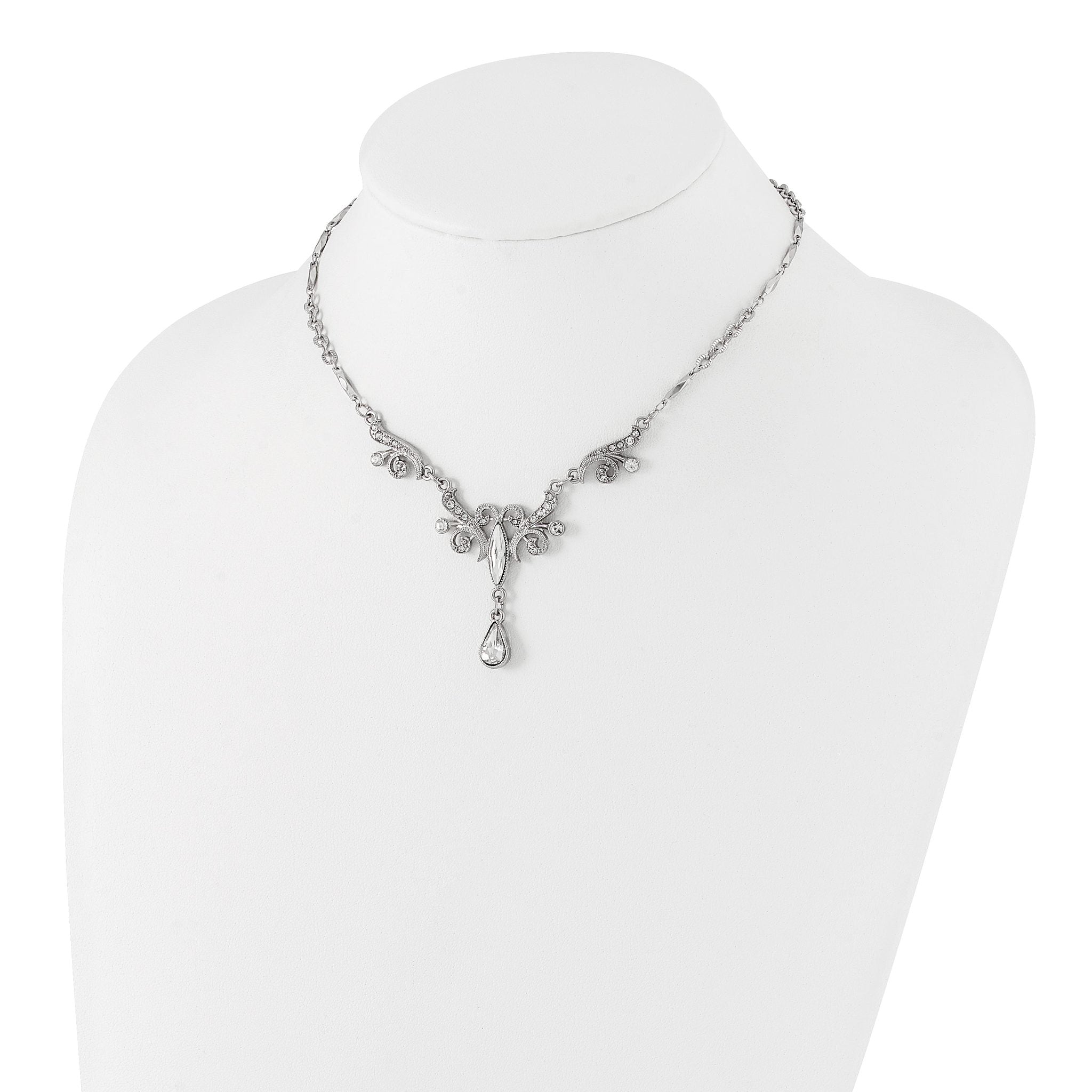 1928 Jewelry Silver-tone Sparkling Clear Crystals from Crystal Teardrop Adjustable 15 inch Vintage Style Necklace with 3 inch extension