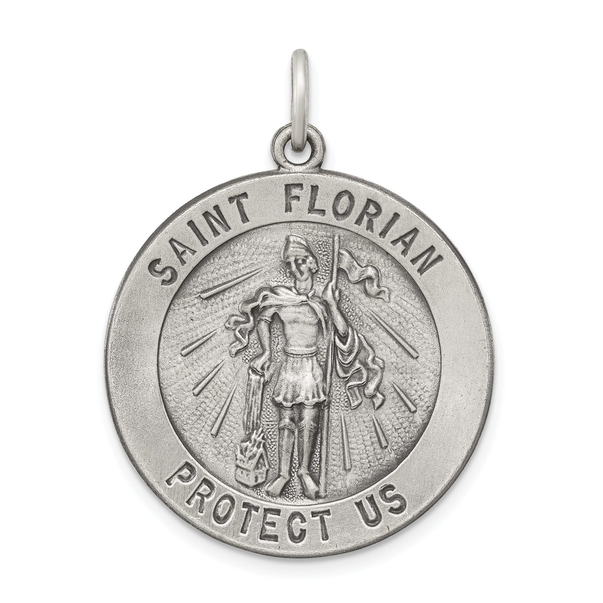 Sterling Silver 925 Saint Florian Medal Pendant with Antiqued Finish