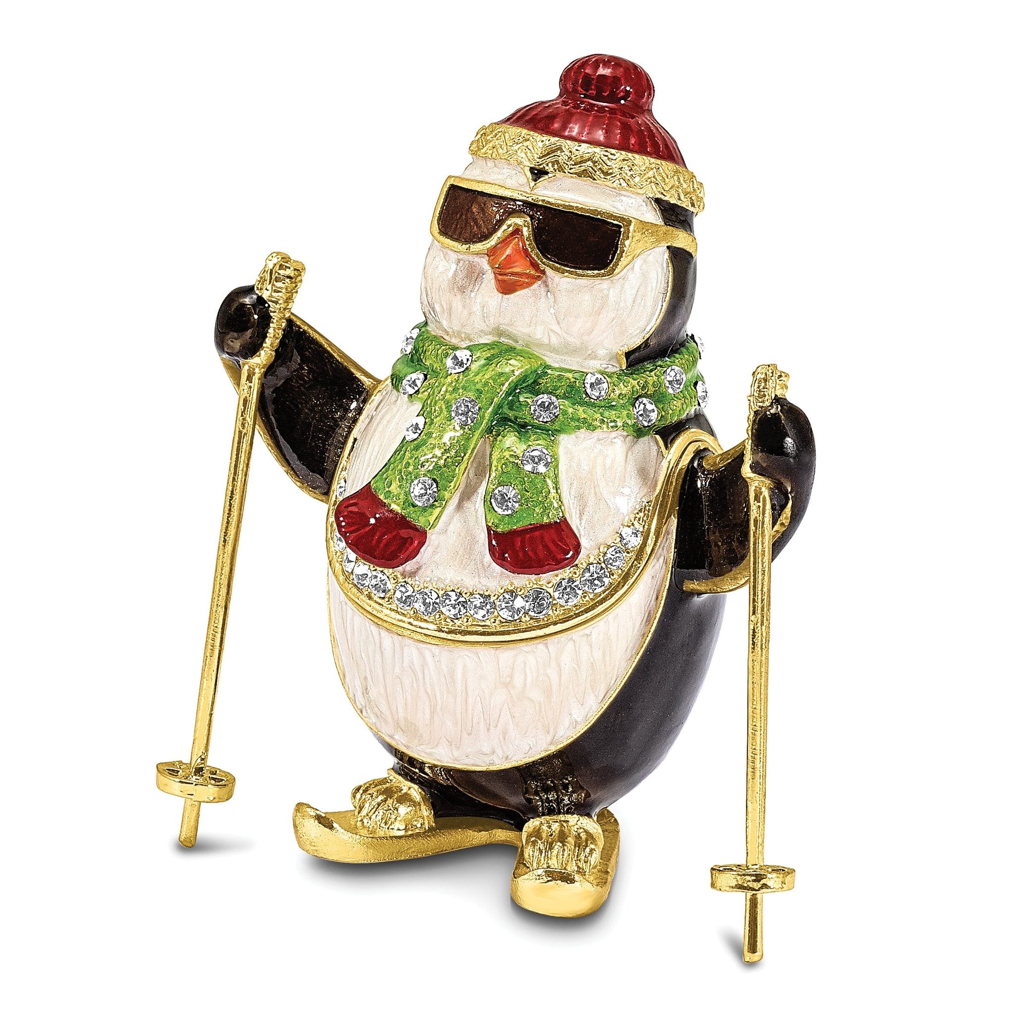 Luxury Giftware by Jere Bejeweled Crystals Gold-tone Enameled KOOLIO Skiing Penguin Trinket Box with Matching 18 Inch Necklace Main image