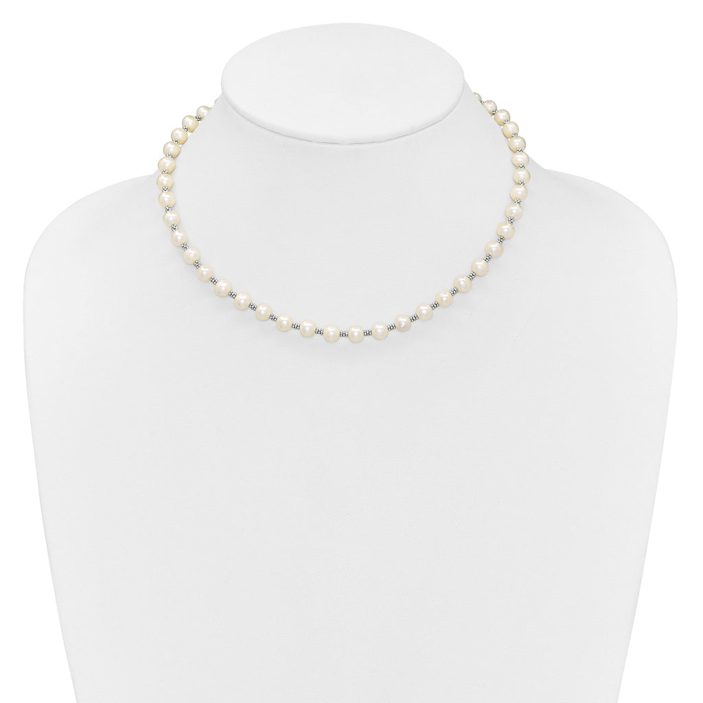 Sterling Silver Rhodium-plated 6-7mm White Round Freshwater Cultured Pearl 16 inch with 2 inch Extension Necklace