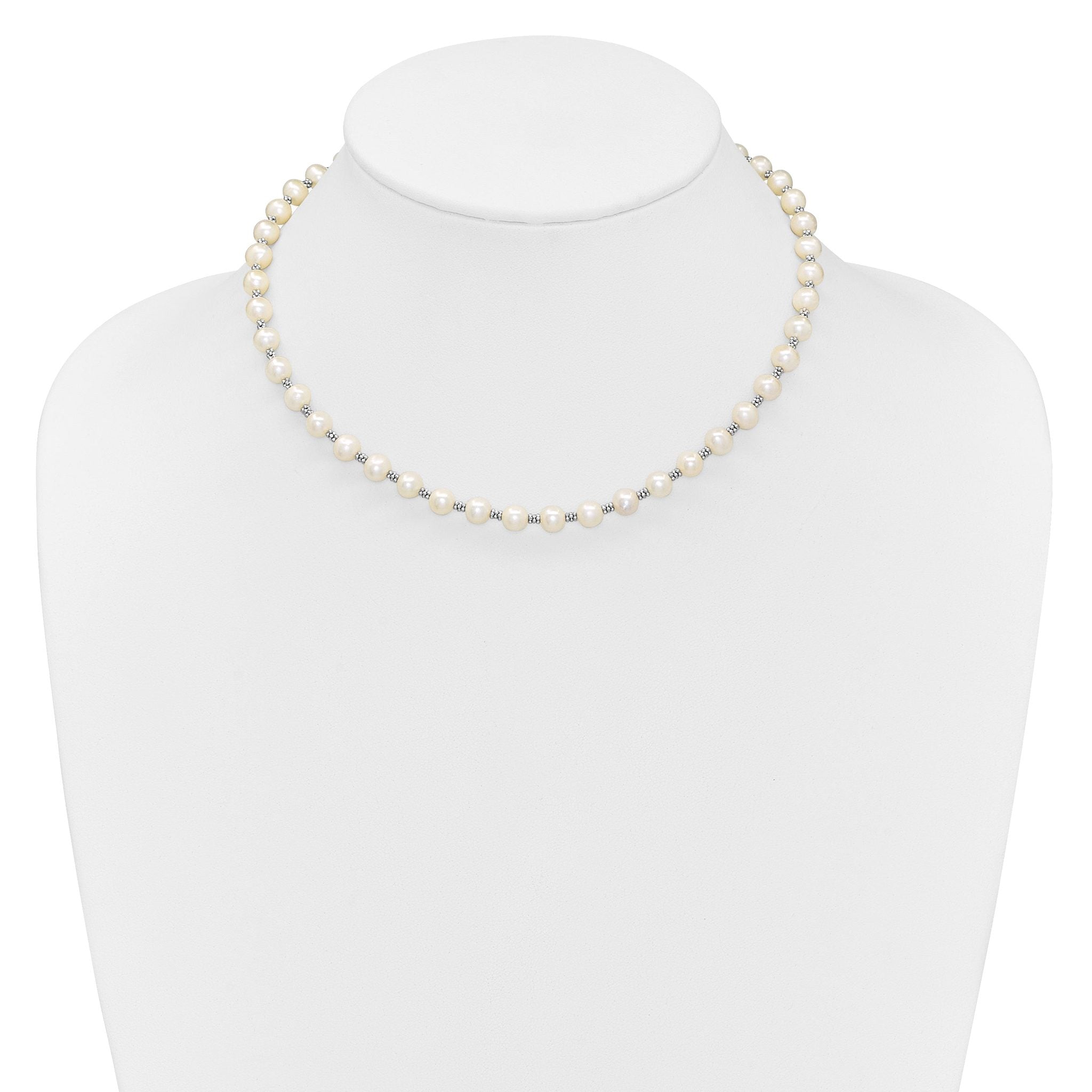 Sterling Silver Rhodium-plated 6-7mm White Round Freshwater Cultured Pearl 16 inch with 2 inch Extension Necklace