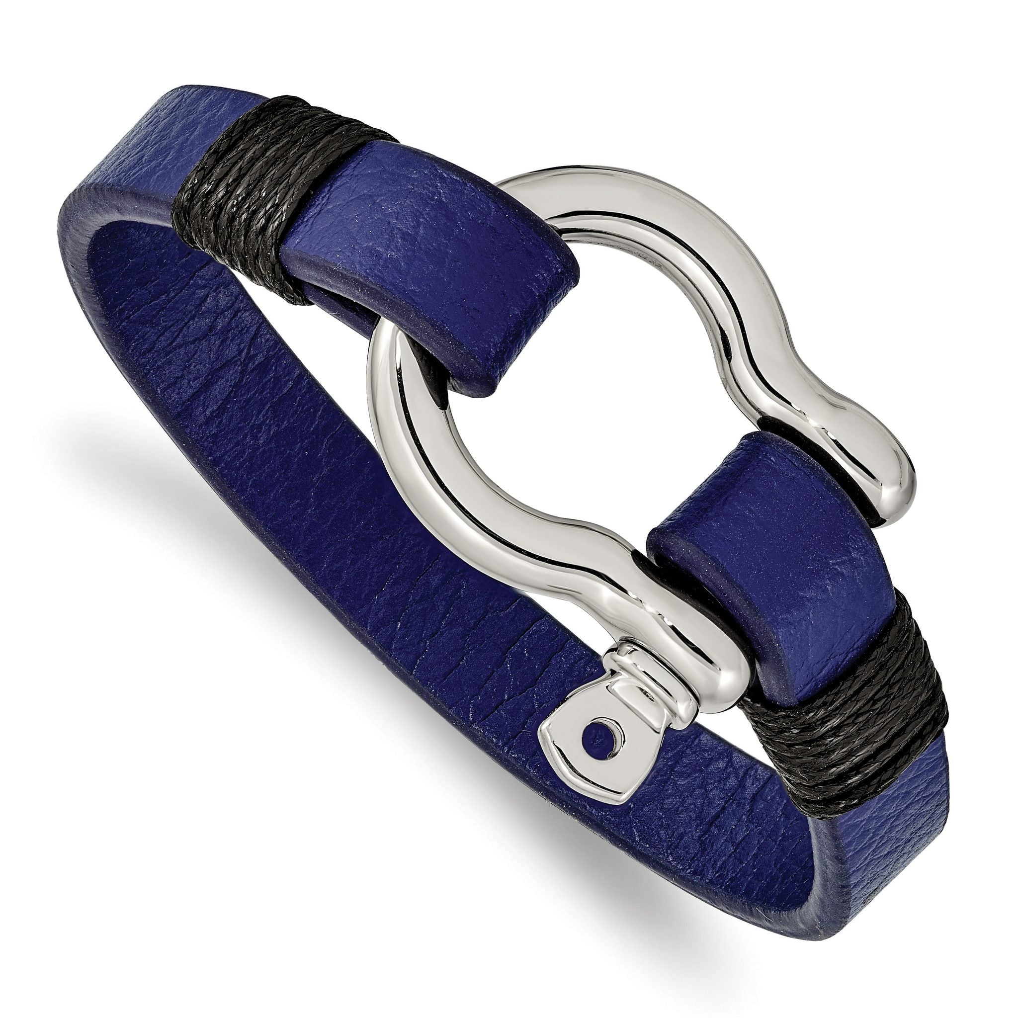 Stainless Steel Polished Black and Blue Leather Shackle Bracelet for Men Main image