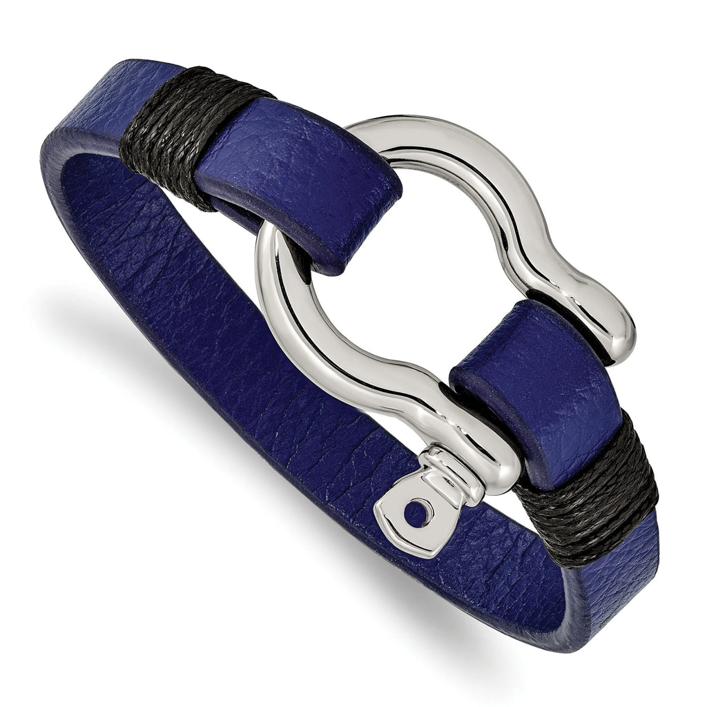Stainless Steel Polished Black and Blue Leather Shackle Bracelet for Men