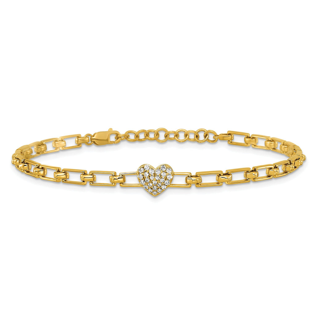 14K Polished Complete 1/6 carat Diamond Heart Cluster Fancy Link 7 inch Bracelet with 1 inch Extender