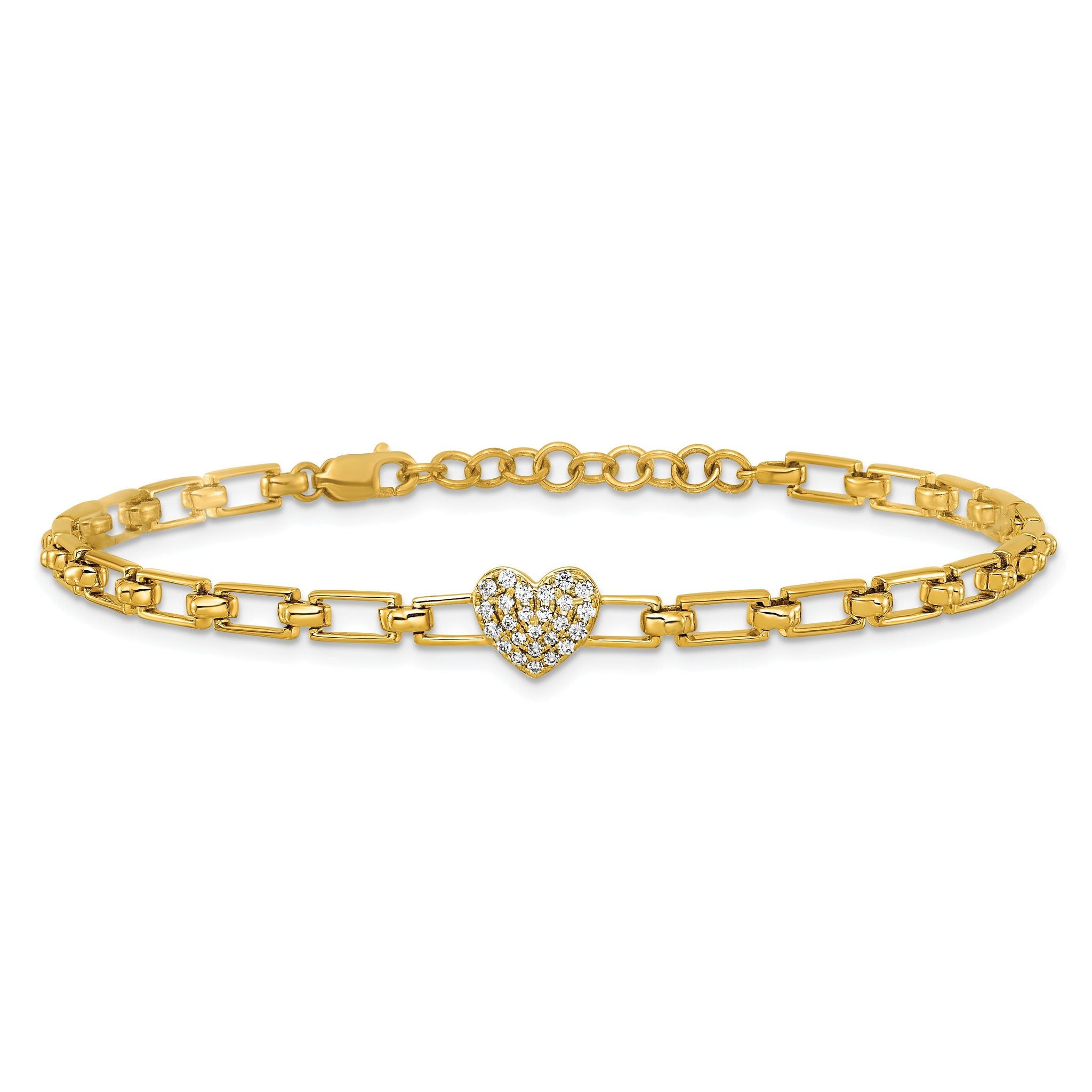 14K Polished Complete 1/6 carat Diamond Heart Cluster Fancy Link 7 inch Bracelet with 1 inch Extender