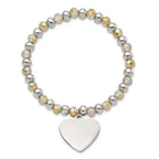 Stainless Steel Polished Heart Dangle 6mm Glass Beaded Stretch Bracelet for Women