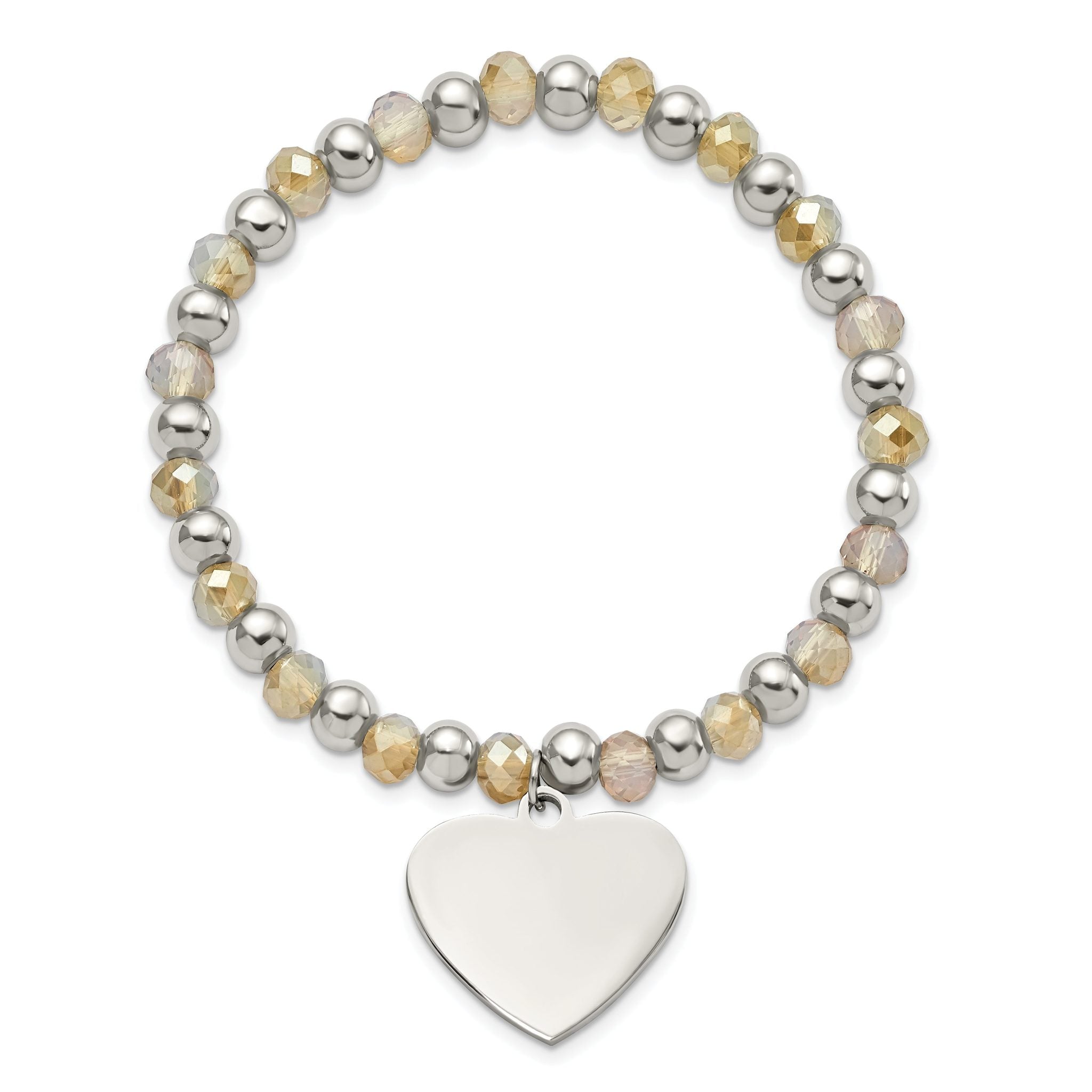 Stainless Steel Polished Heart Dangle 6mm Glass Beaded Stretch Bracelet for Women
