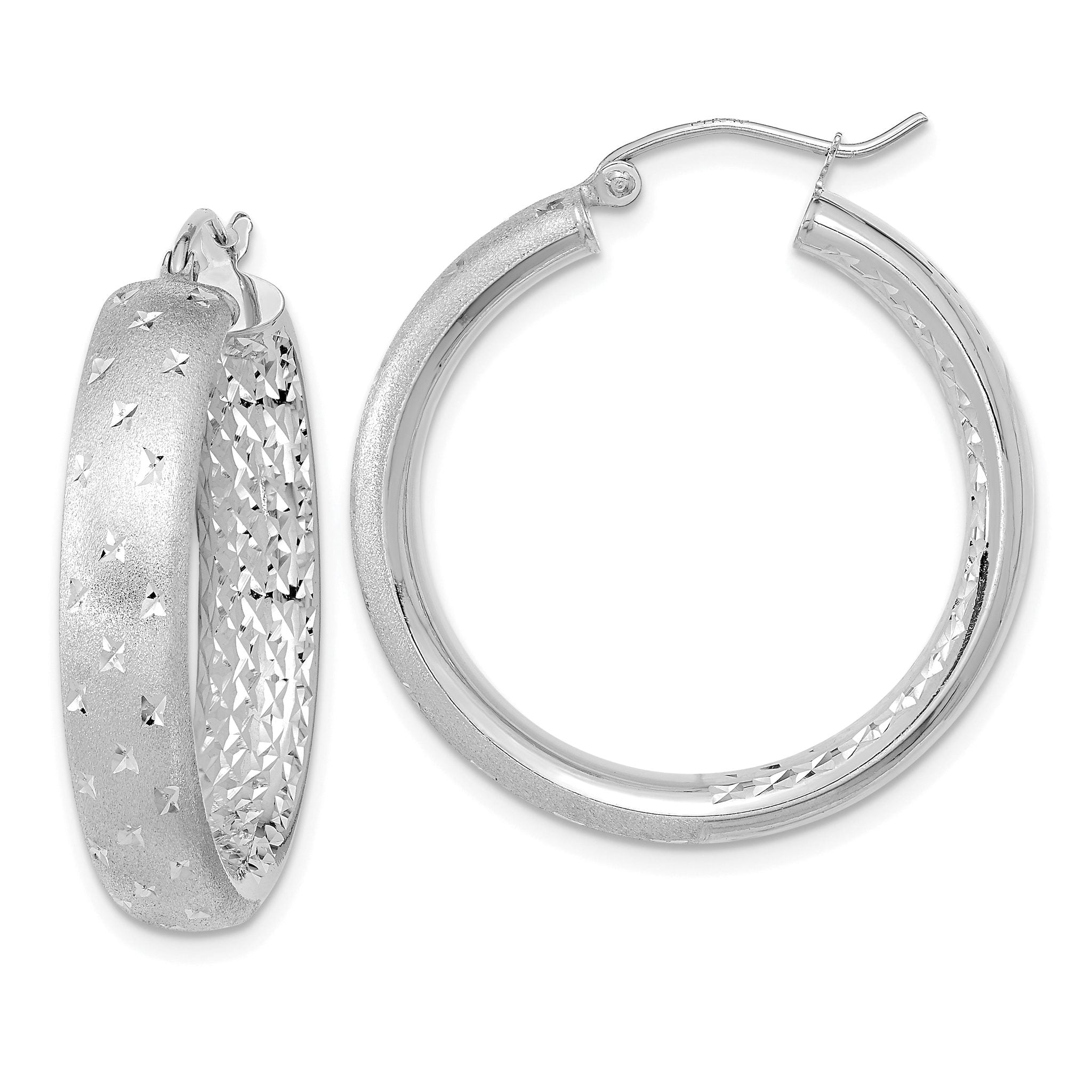 14k White Gold Polished Satin and Diamond-cut In/Out Hoop Earrings Main image