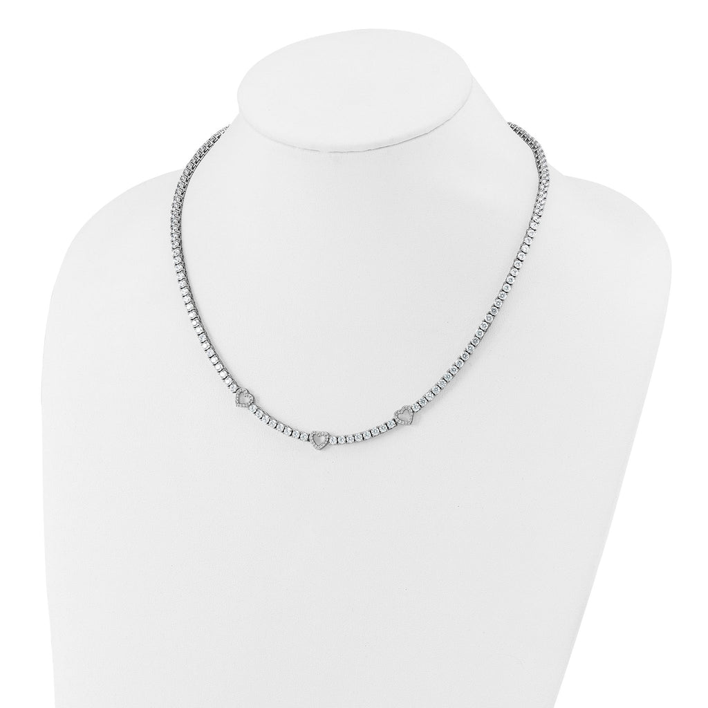 Cheryl M Sterling Silver Rhodium-plated Polished CZ Hearts Necklace