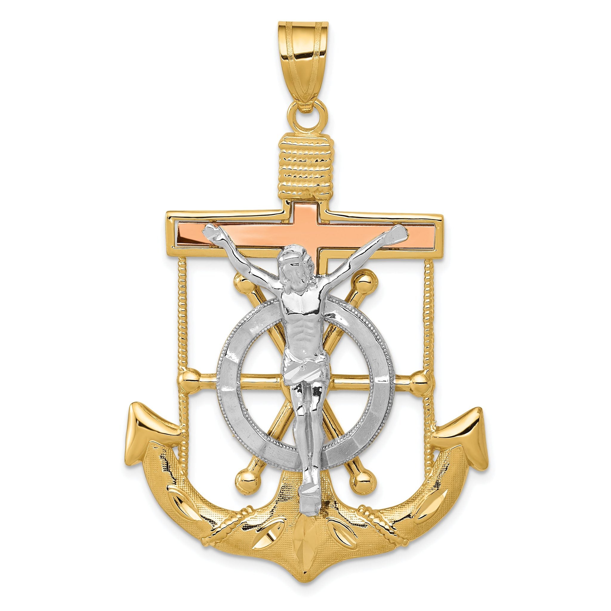 14K Tri-Color Gold Mariner's Cross Pendant with Diamond-Cut Texture Main image