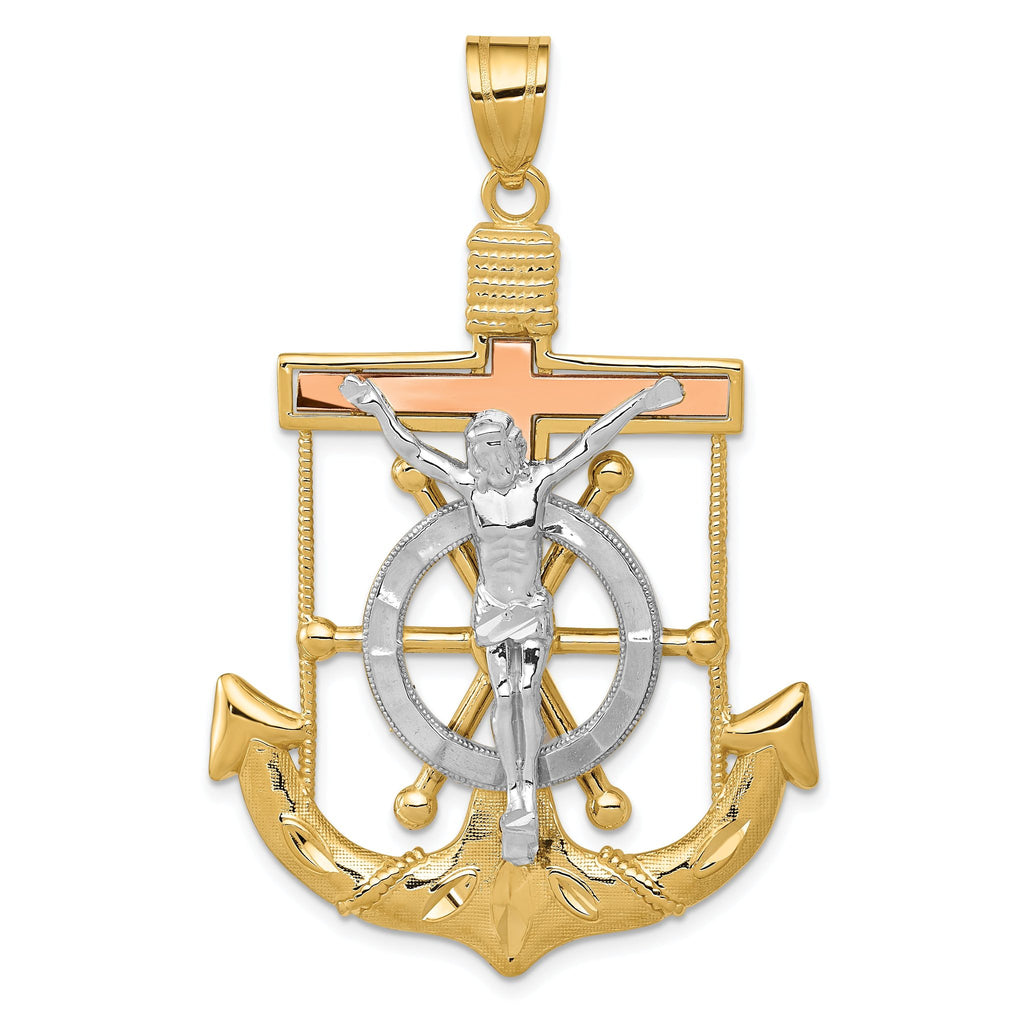 14K Tri-Color Gold Mariner's Cross Pendant with Diamond-Cut Texture
