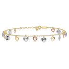14K Tri-Color Dangle Hearts 9 inch Plus 1 inch Extender - Total 10 inch Anklet