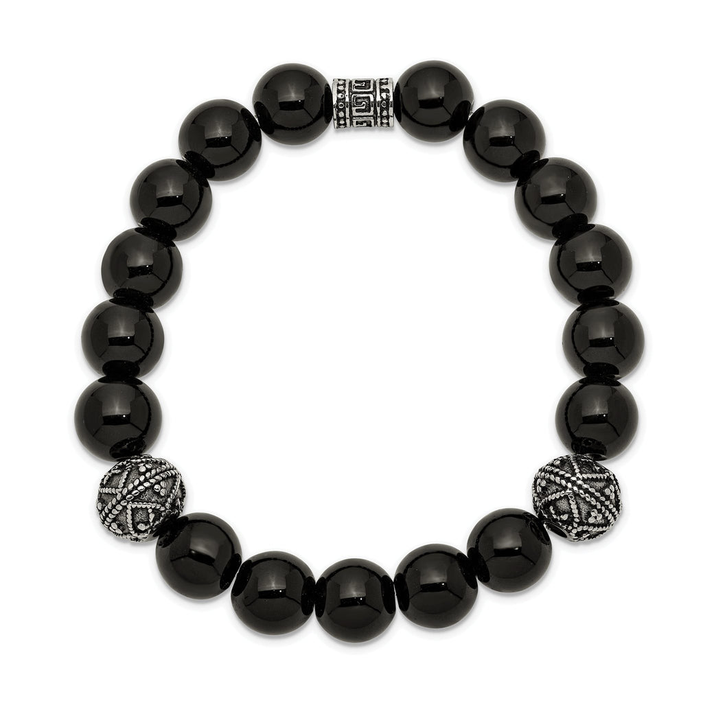 Stainless Steel Antiqued and Polished 10mm Black Agate Beaded Stretch Bracelet for Men