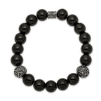 Stainless Steel Antiqued and Polished 10mm Black Agate Beaded Stretch Bracelet for Men