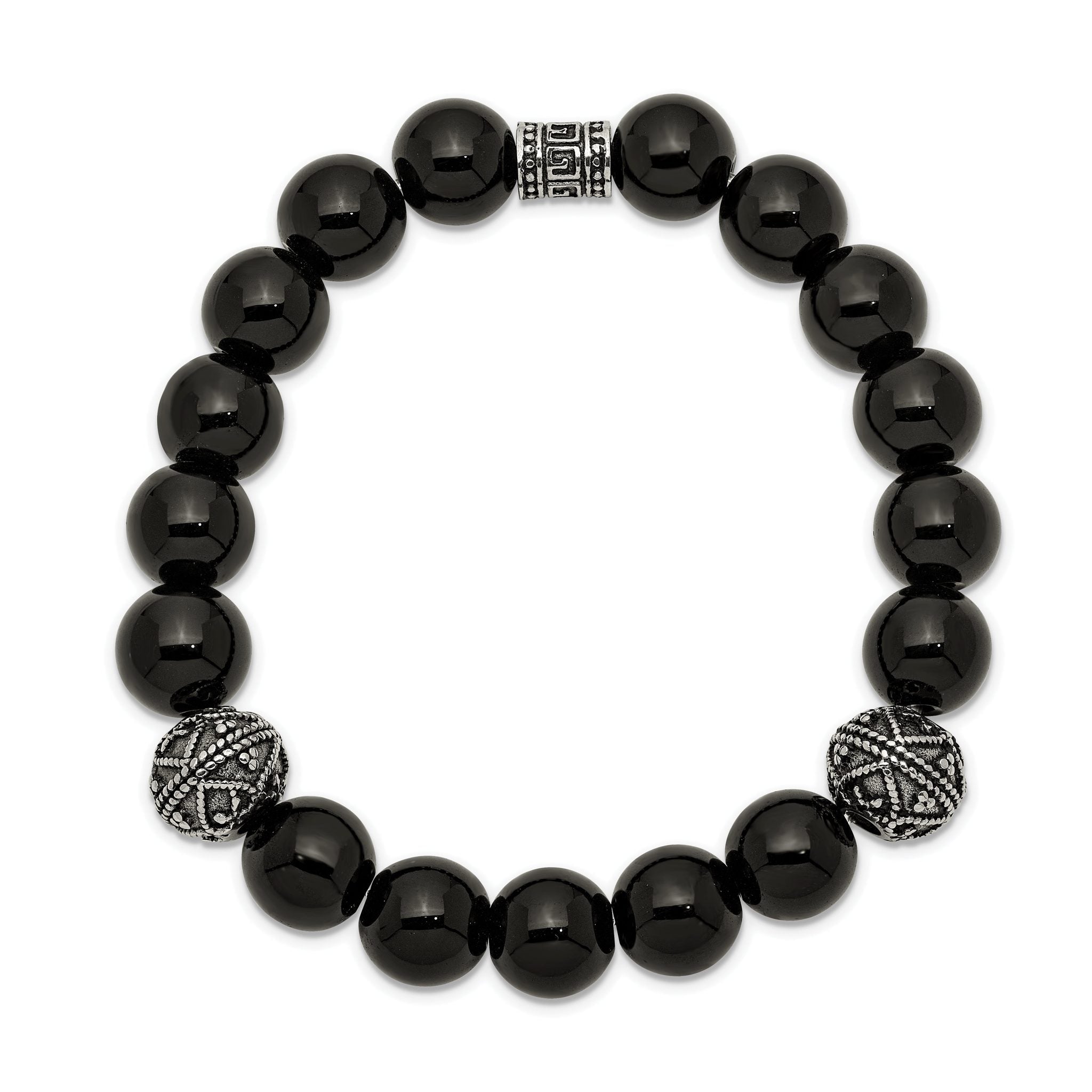 Stainless Steel Antiqued and Polished 10mm Black Agate Beaded Stretch Bracelet for Men