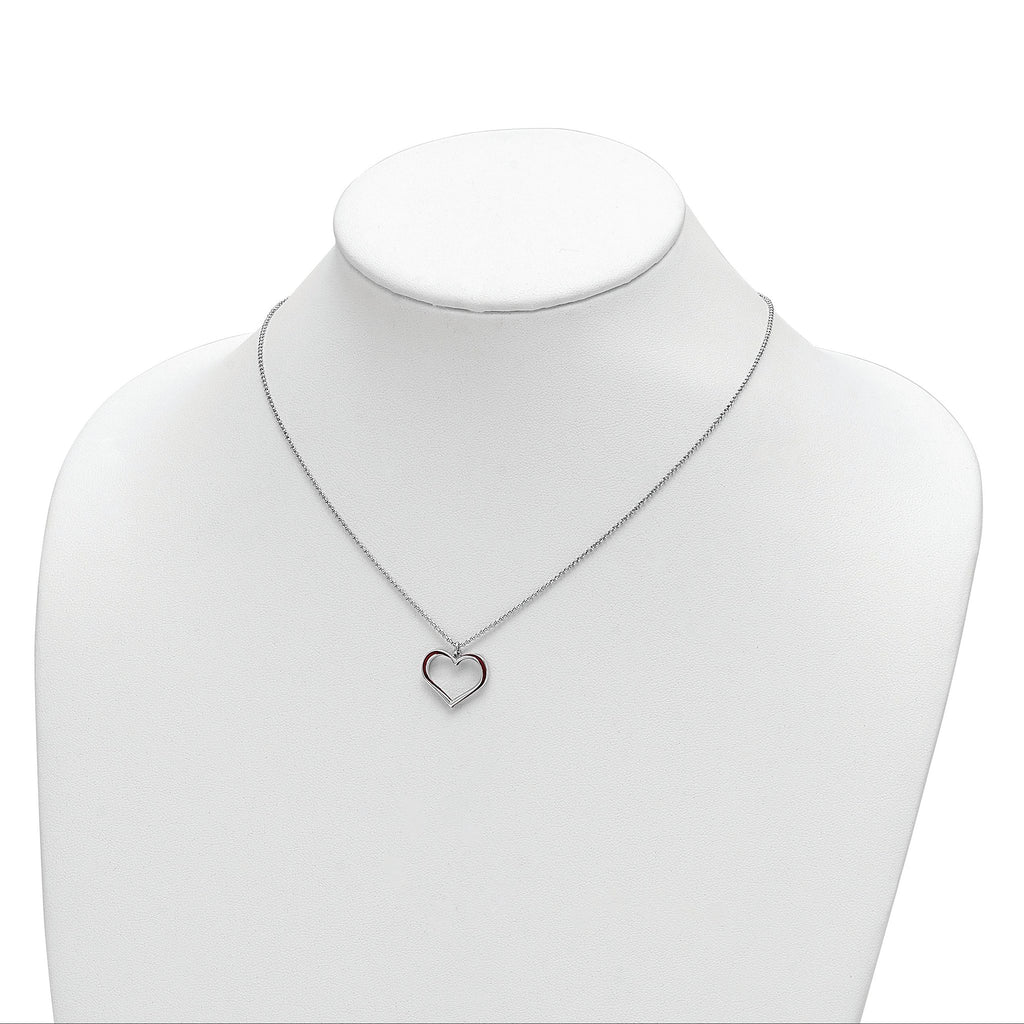 Sterling Silver Rhodium Plated Red Enamel Heart Adjustable 16 inch Necklace with1 inch extension