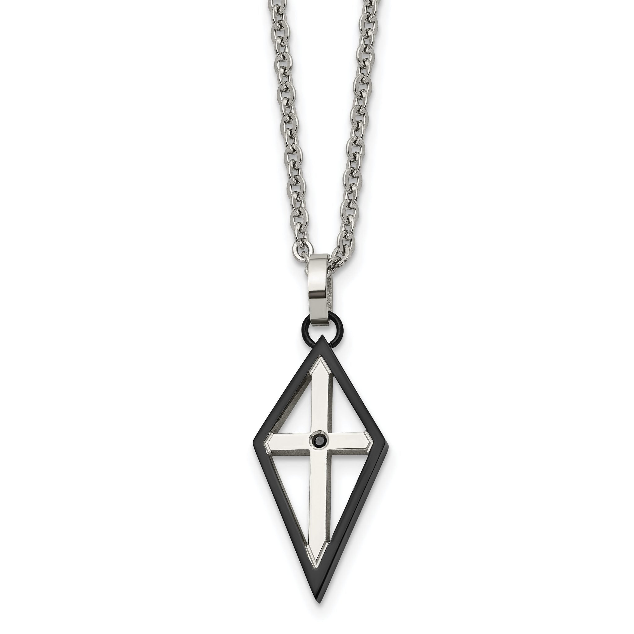 Stainless Steel Polished Black IP-plated w/CZ Cross 20in Necklace Main image