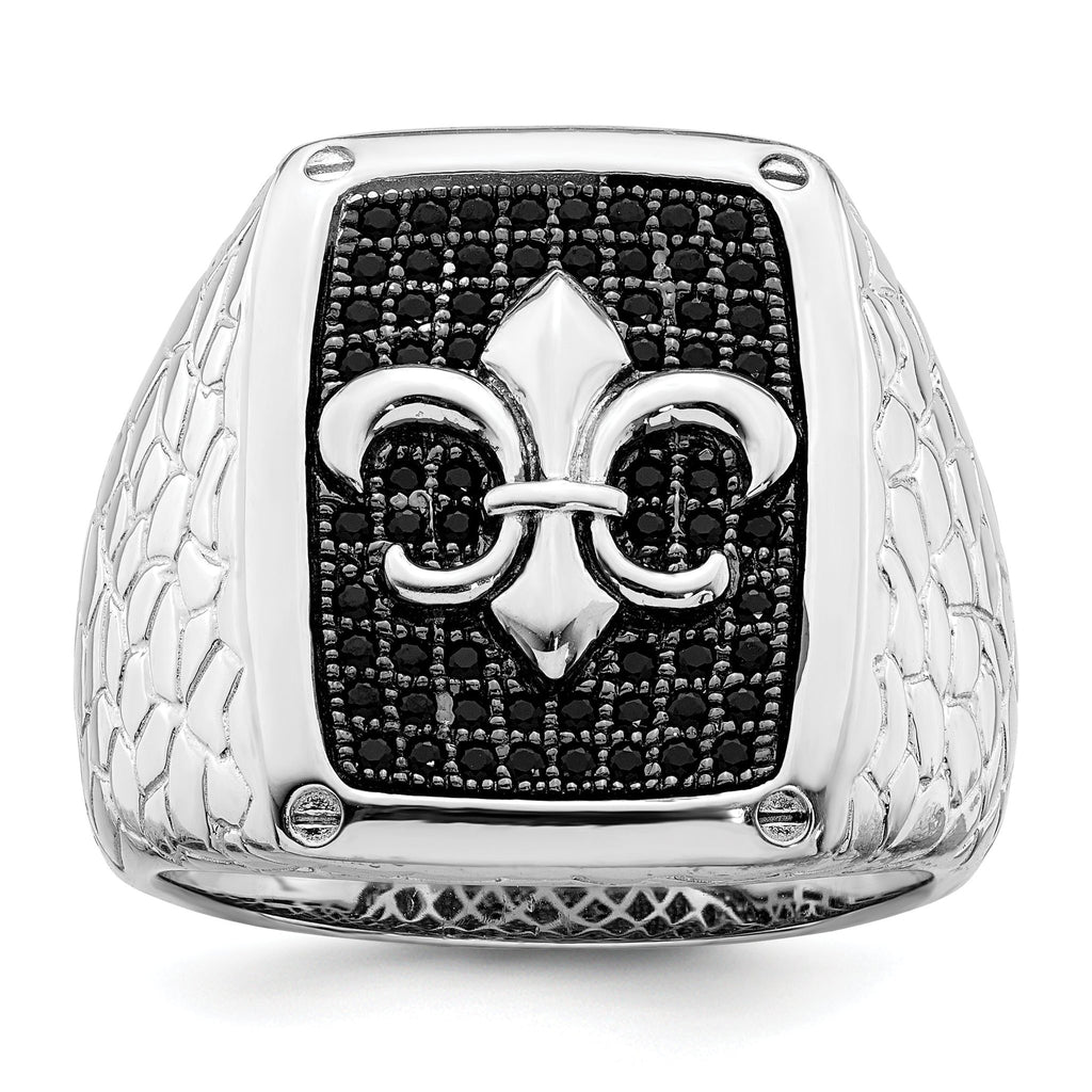 Brilliant Embers Sterling Silver Rhodium-plated 62 Stone Black Micro Pave CZ Fleur De Lis Men's Ring