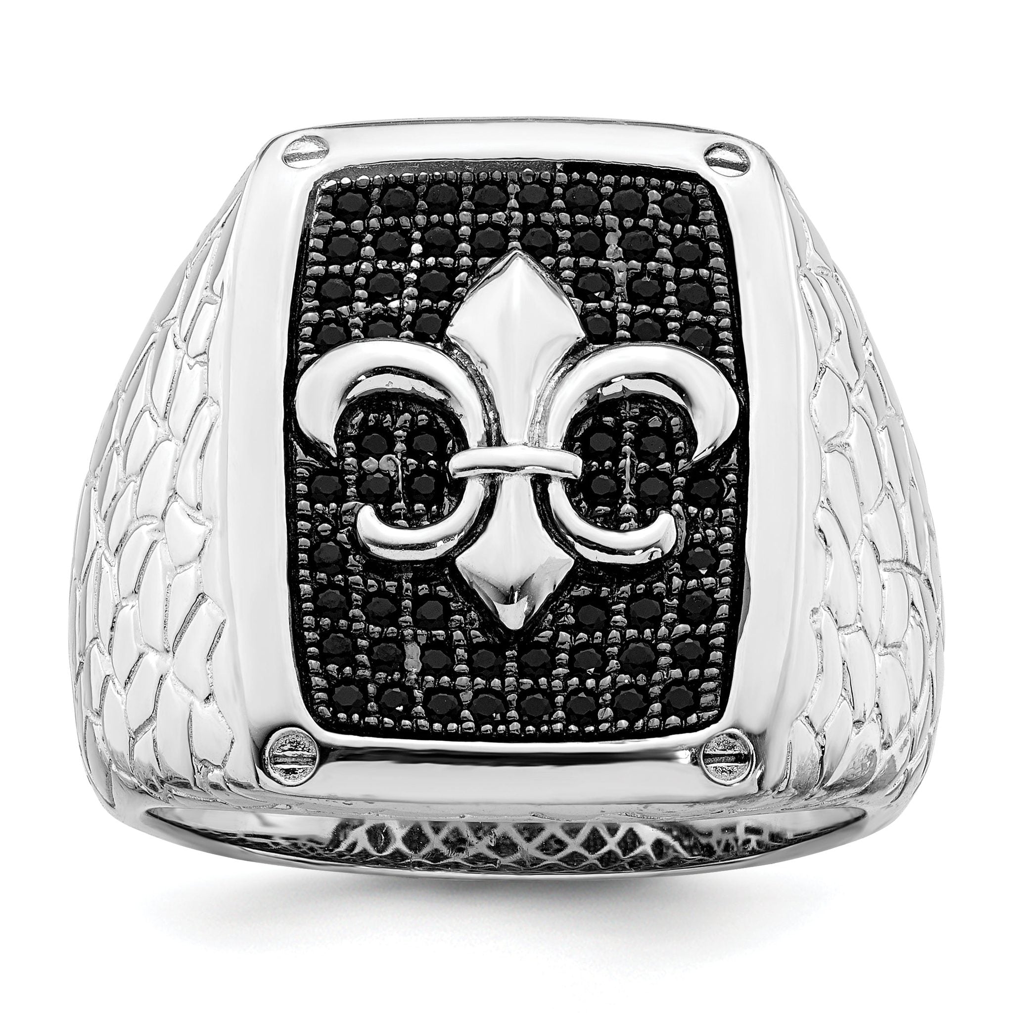 Brilliant Embers Sterling Silver Rhodium-plated 62 Stone Black Micro Pave CZ Fleur De Lis Men's Ring
