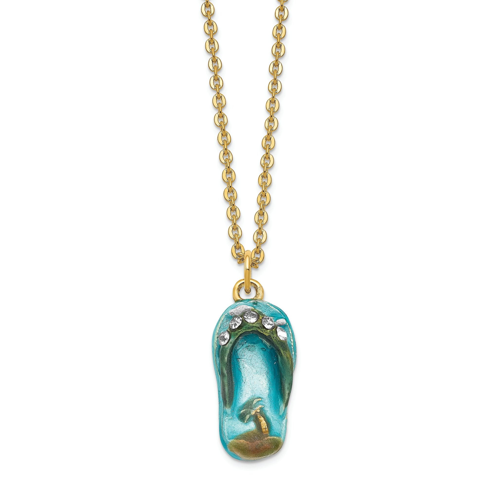 Luxury Giftware by Jere Pewter Bejeweled Crystals Gold-tone Enameled SANDY TOES Sandal With Palm Tree Trinket Box with Matching 18 Inch Necklace