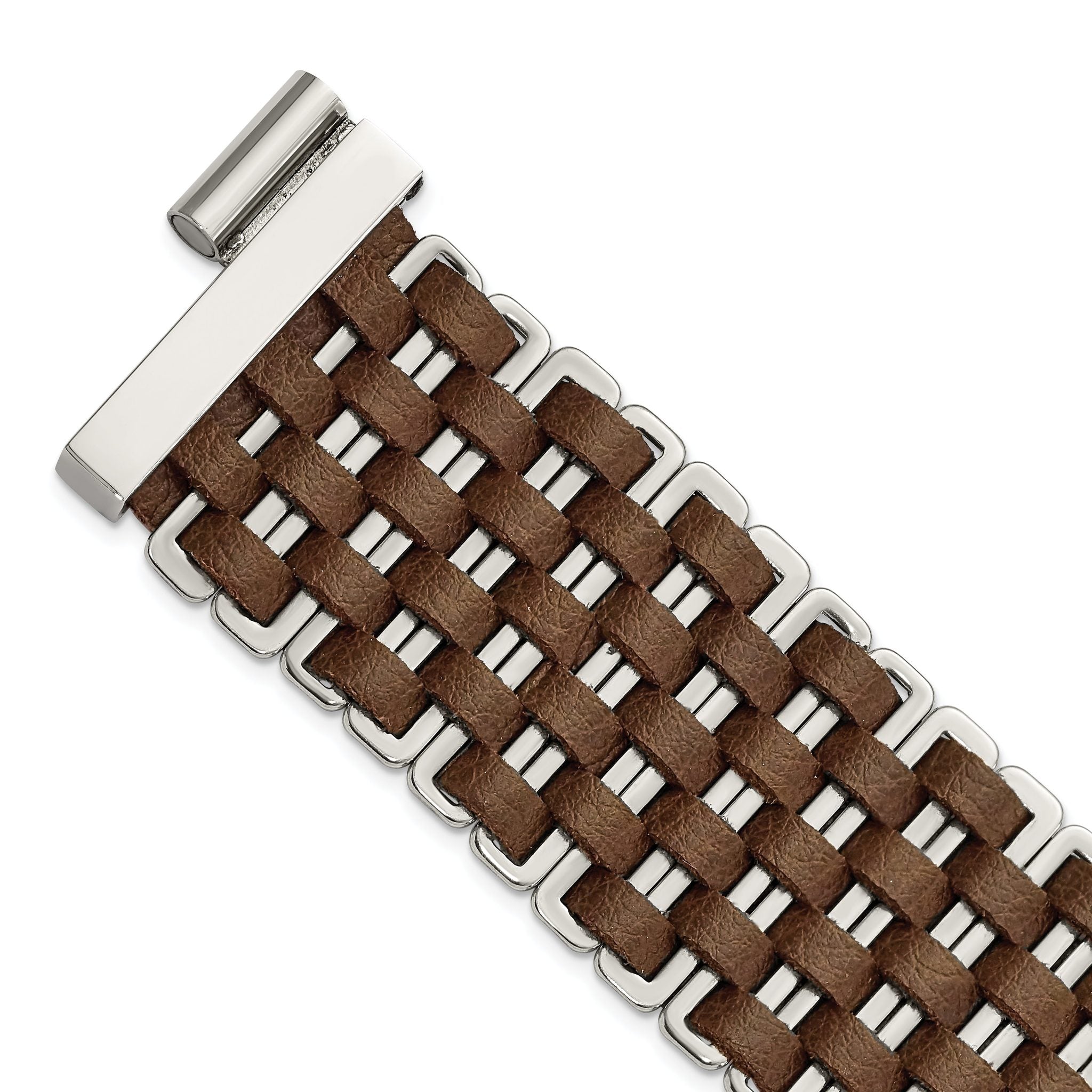 Stainless Steel Polished Woven Brown Leather Bracelet for Women Main image