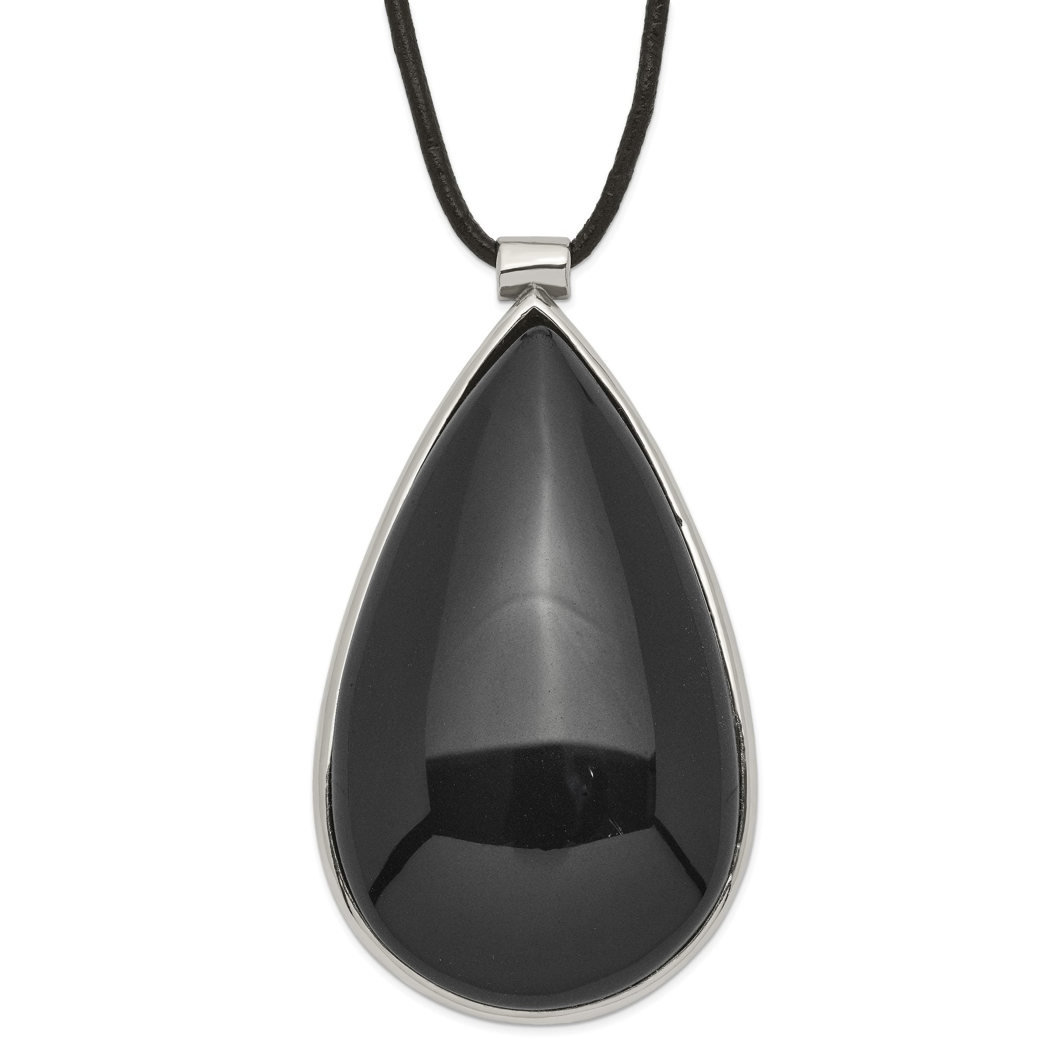 Stainless Steel Black Glass Teardrop with 1.5 in ext Necklace Main image