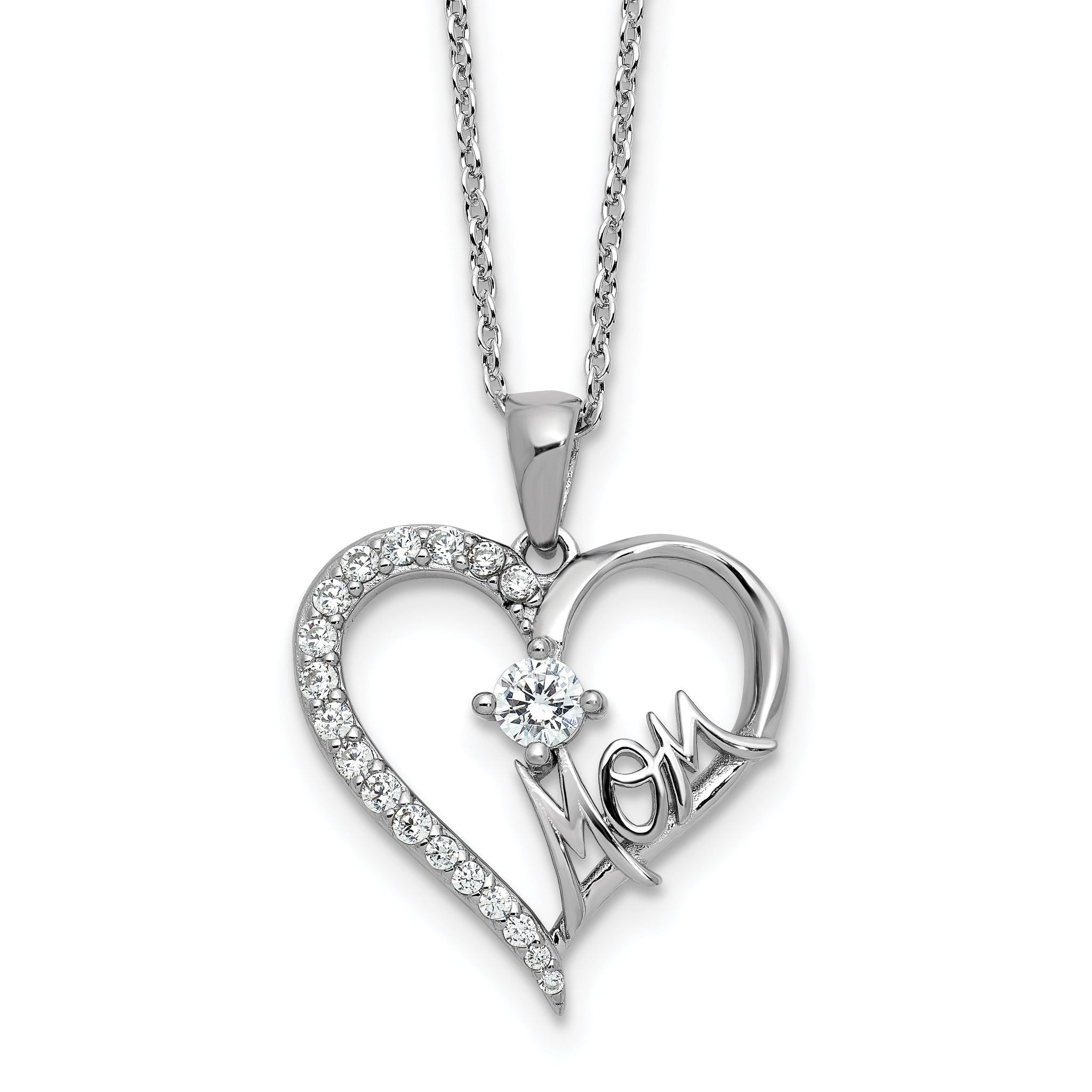 Cheryl M Sterling Silver Rhodium-plated Polished CZ Mom Heart with 2 Inch Extension Necklace Main image