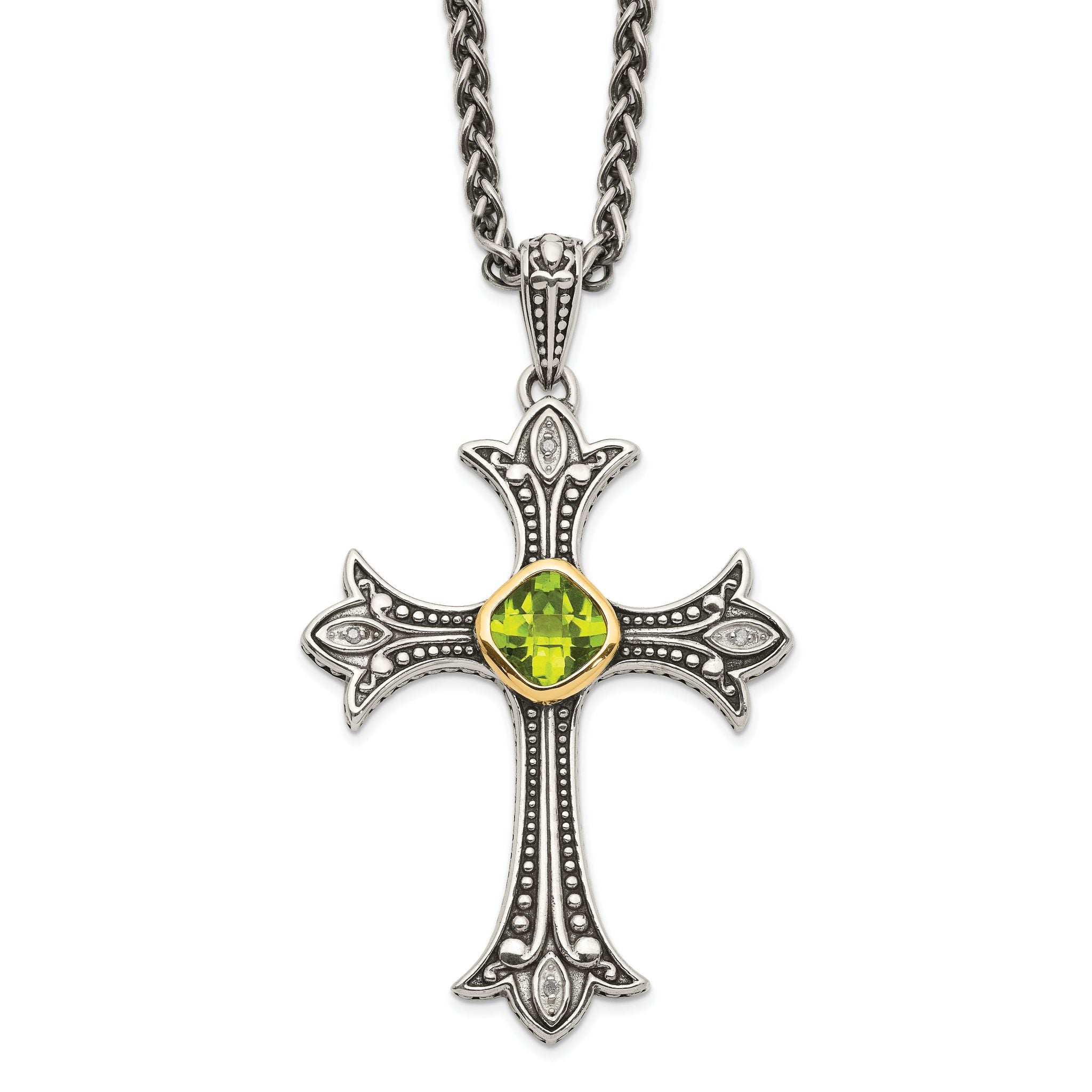 Shey Couture Sterling Silver with 14K Accent 18 Inch Antiqued Diamond and Cushion Bezel Peridot Necklace Main image