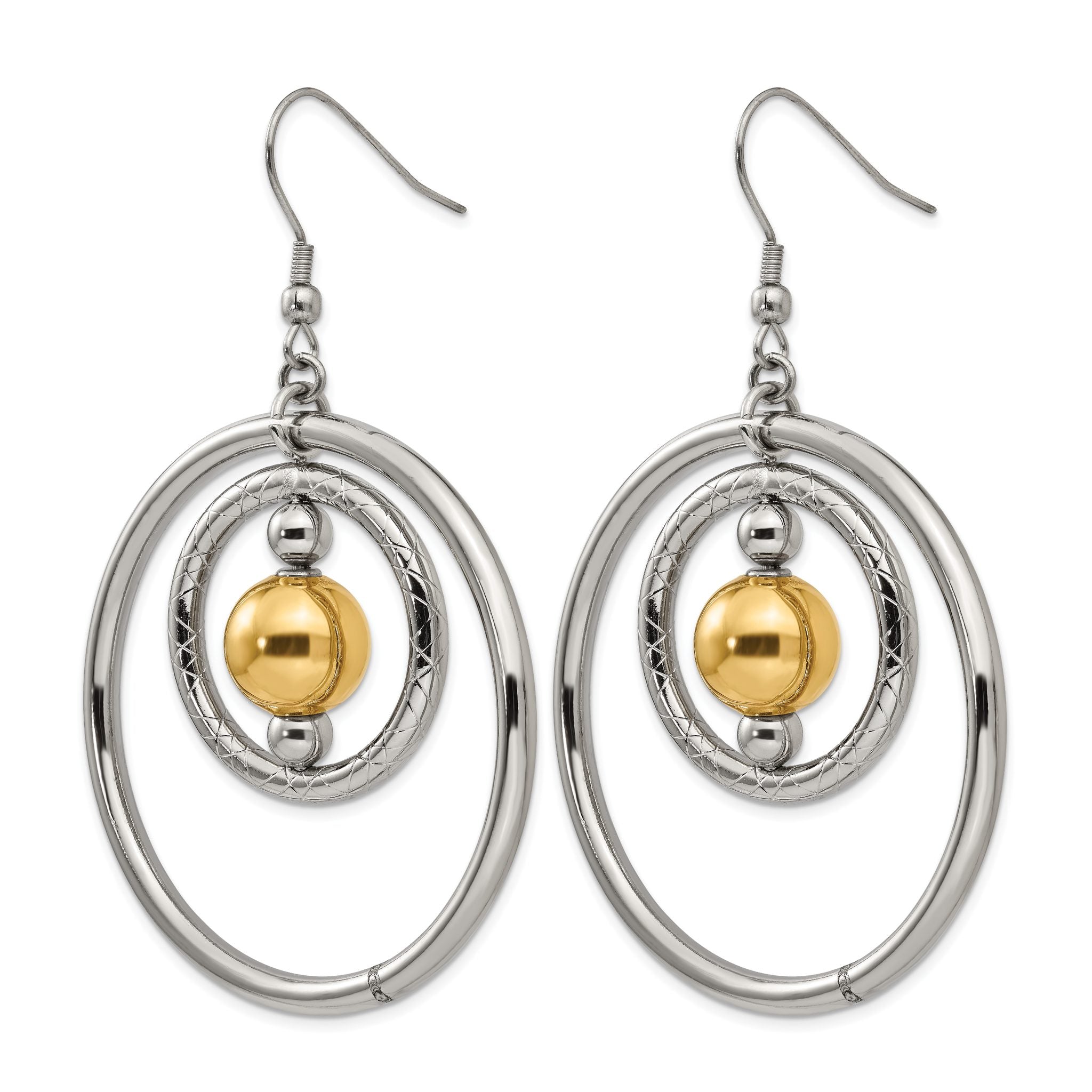 Stainless Steel Gold-Tone Polished Textured Drop Dangle Earrings for Women