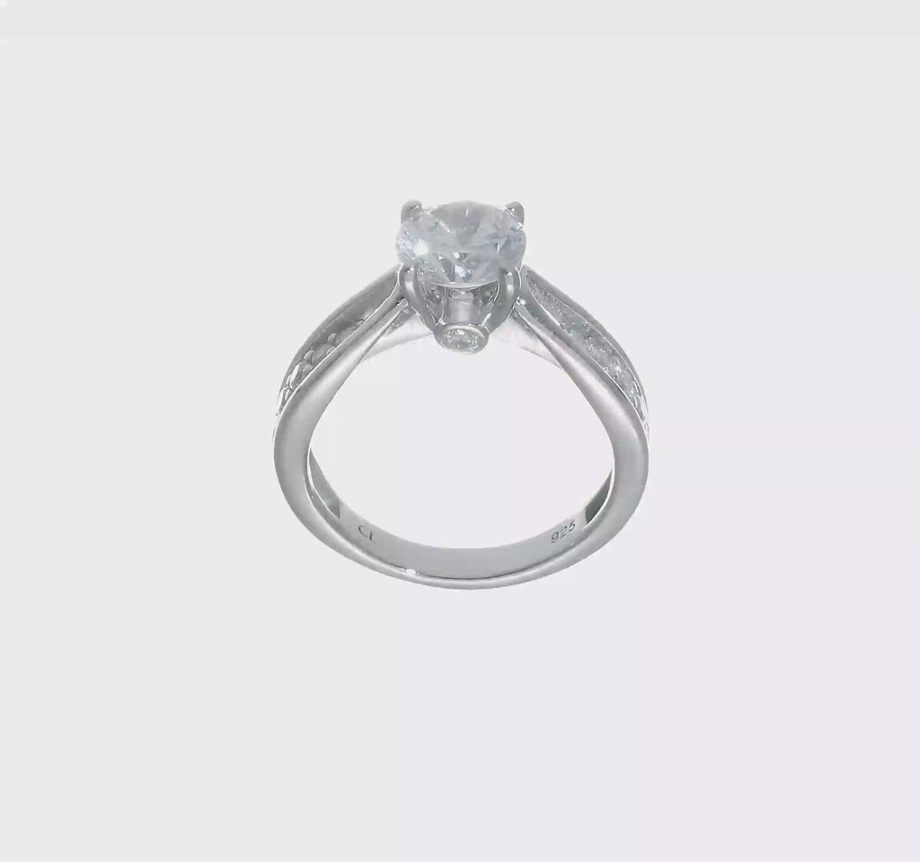 Cheryl M Sterling Silver Rhodium-plated Brilliant-cut 7.5mm Round CZ with Side Stones Fashion Ring