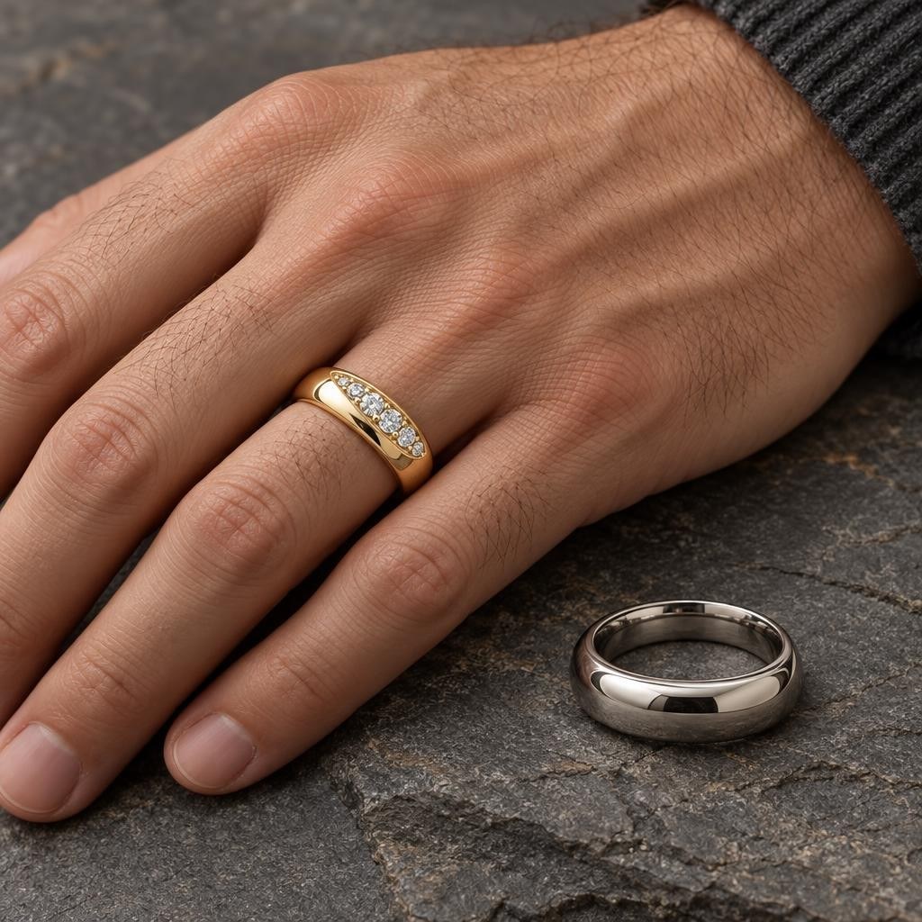 Men's lab-grown diamond wedding band in 14K yellow gold beside a titanium band - Sophia Jewelers