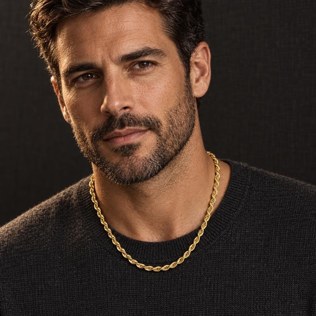 Man wearing a 14K yellow gold cashmere rope chain - Sophia Jewelers