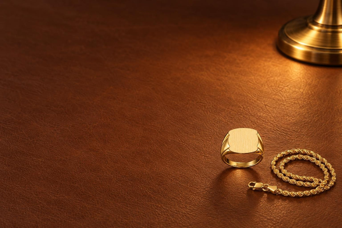 Man wearing a 14K yellow gold signet ring and 14K gold rope chain - Sophia Jewelers