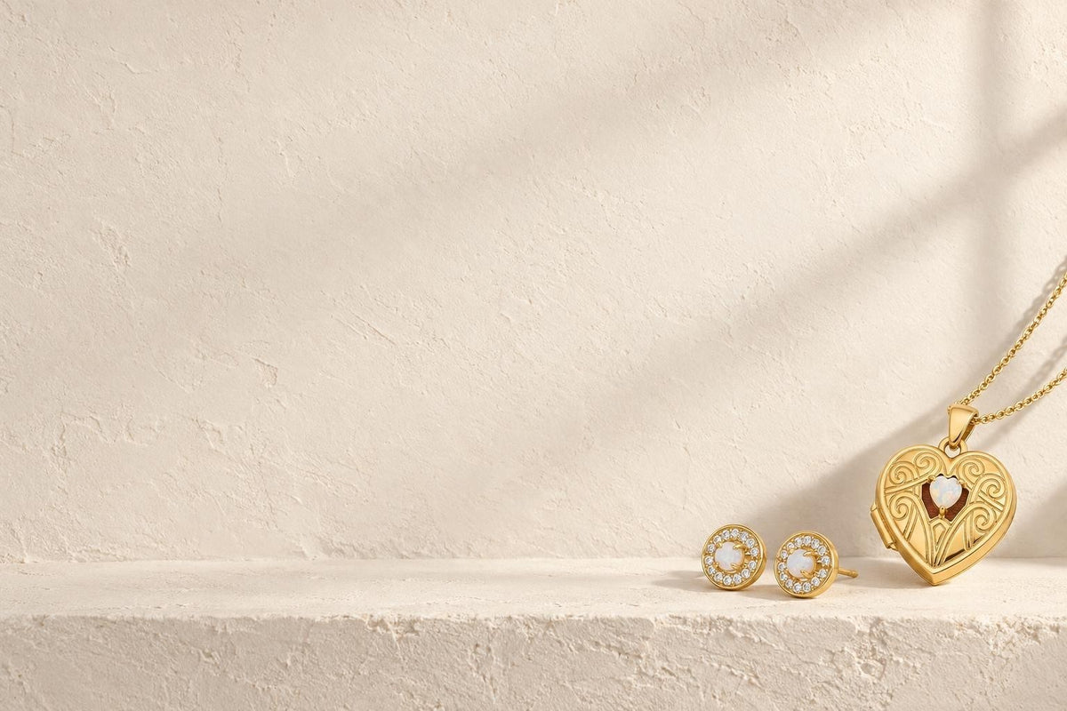 Opal heart locket and opal halo stud earrings in 14K yellow gold, October birthstone - Sophia Jewelers