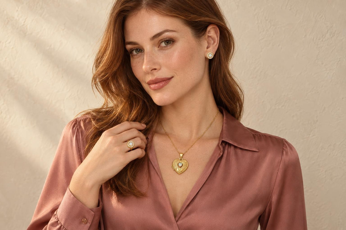 Model wearing opal halo studs, opal heart locket and opal circle ring in 14K yellow gold - Sophia Jewelers