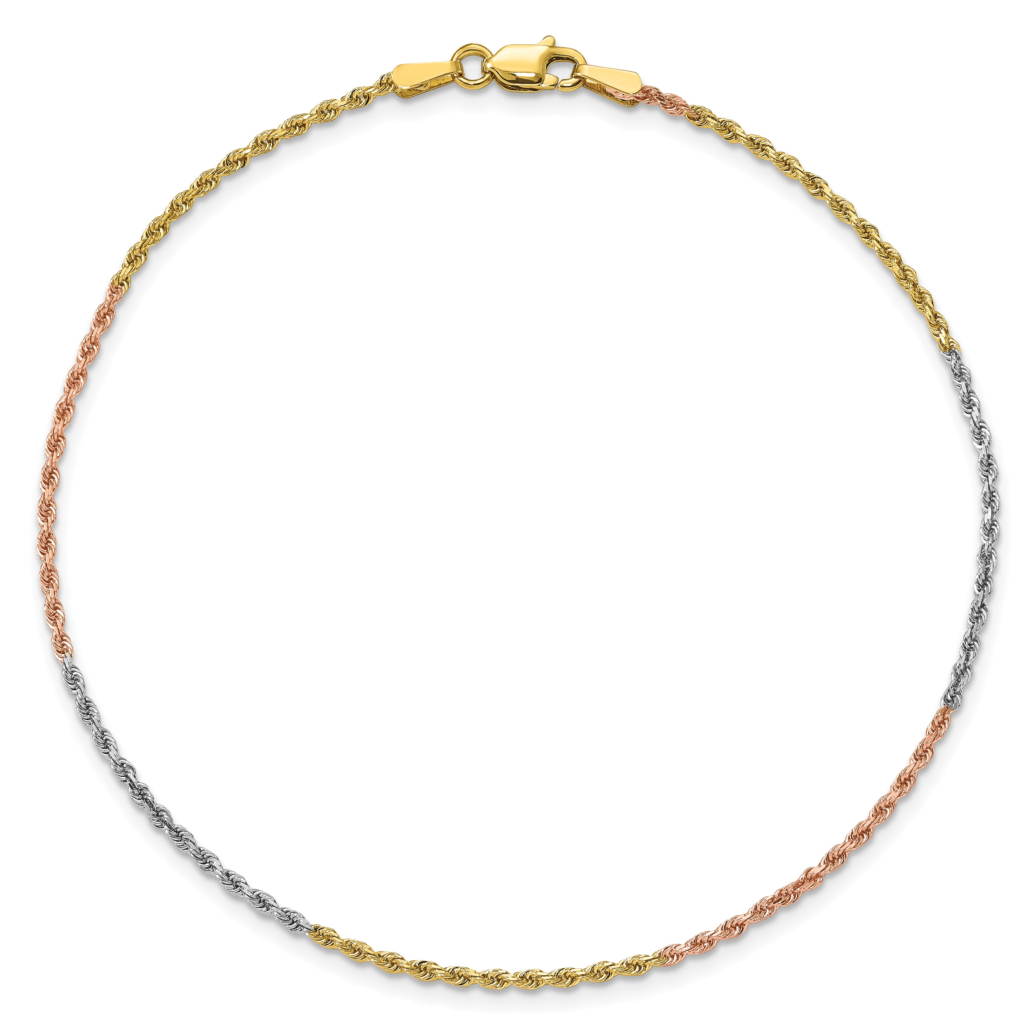 14K Tri-colored 7 inch 1.5mm Diamond-cut Rope with Lobster Clasp Chain