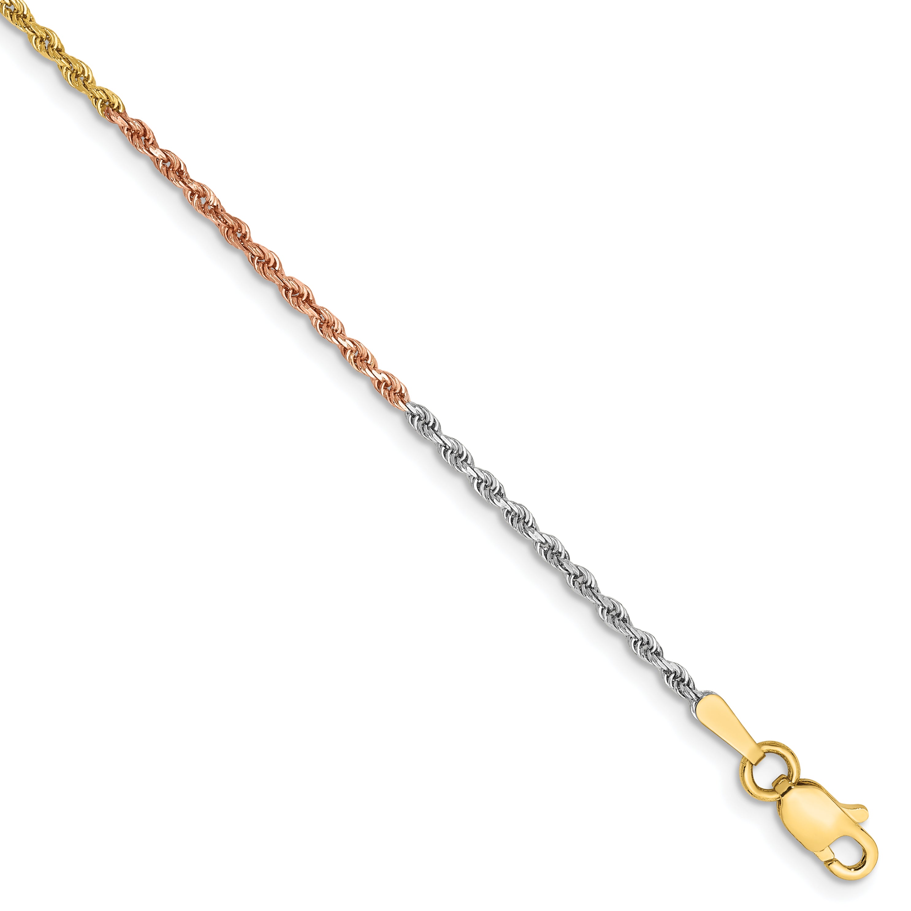 14K Tri-colored 10 inch 1.5mm Diamond-cut Rope with Lobster Clasp Anklet