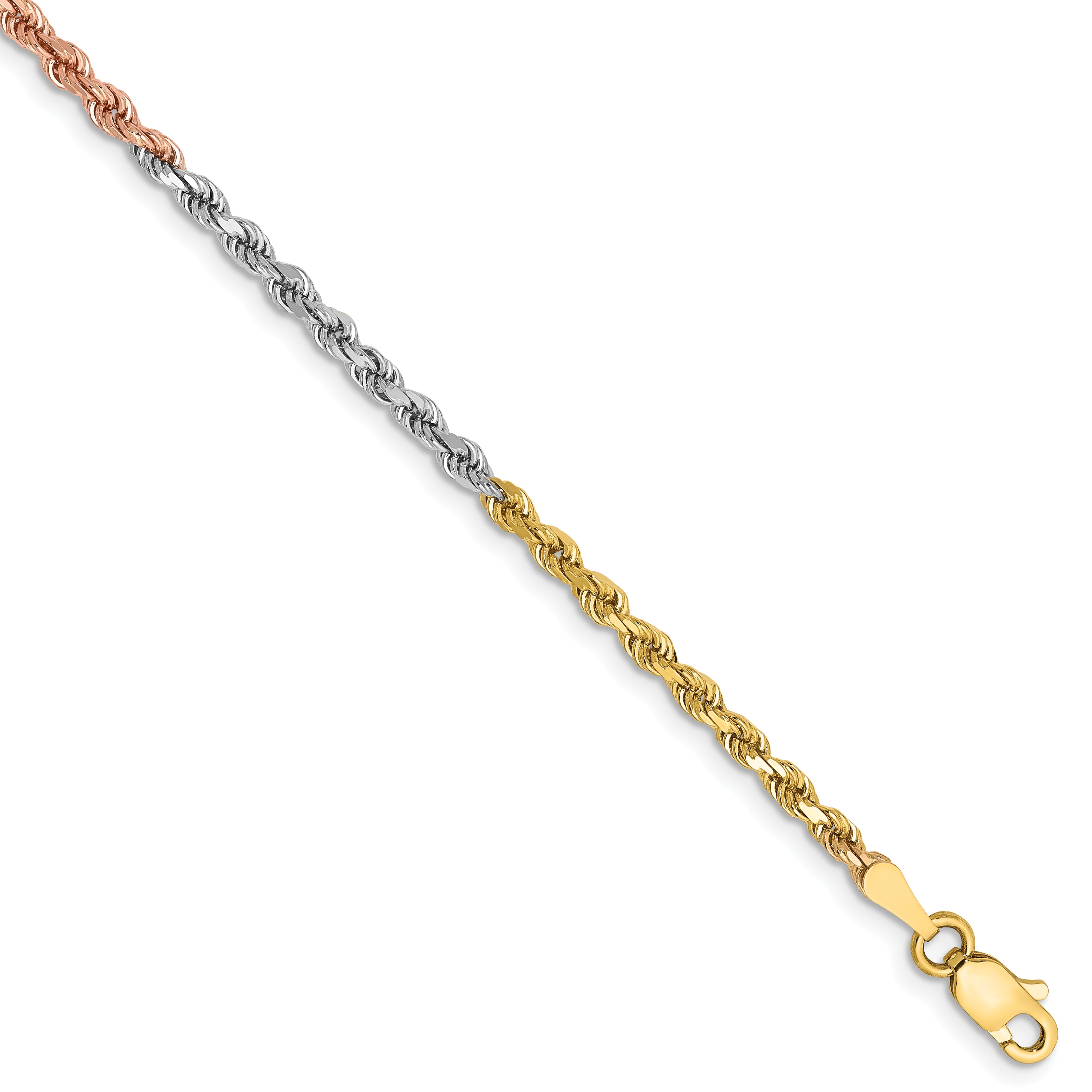 14K Tri-colored 8 inch 2.5mm Diamond-cut Rope with Lobster Clasp Chain