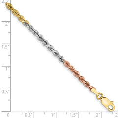 14K Tri-colored 7 inch 2.9mm Diamond-cut Rope with Lobster Clasp Chain
