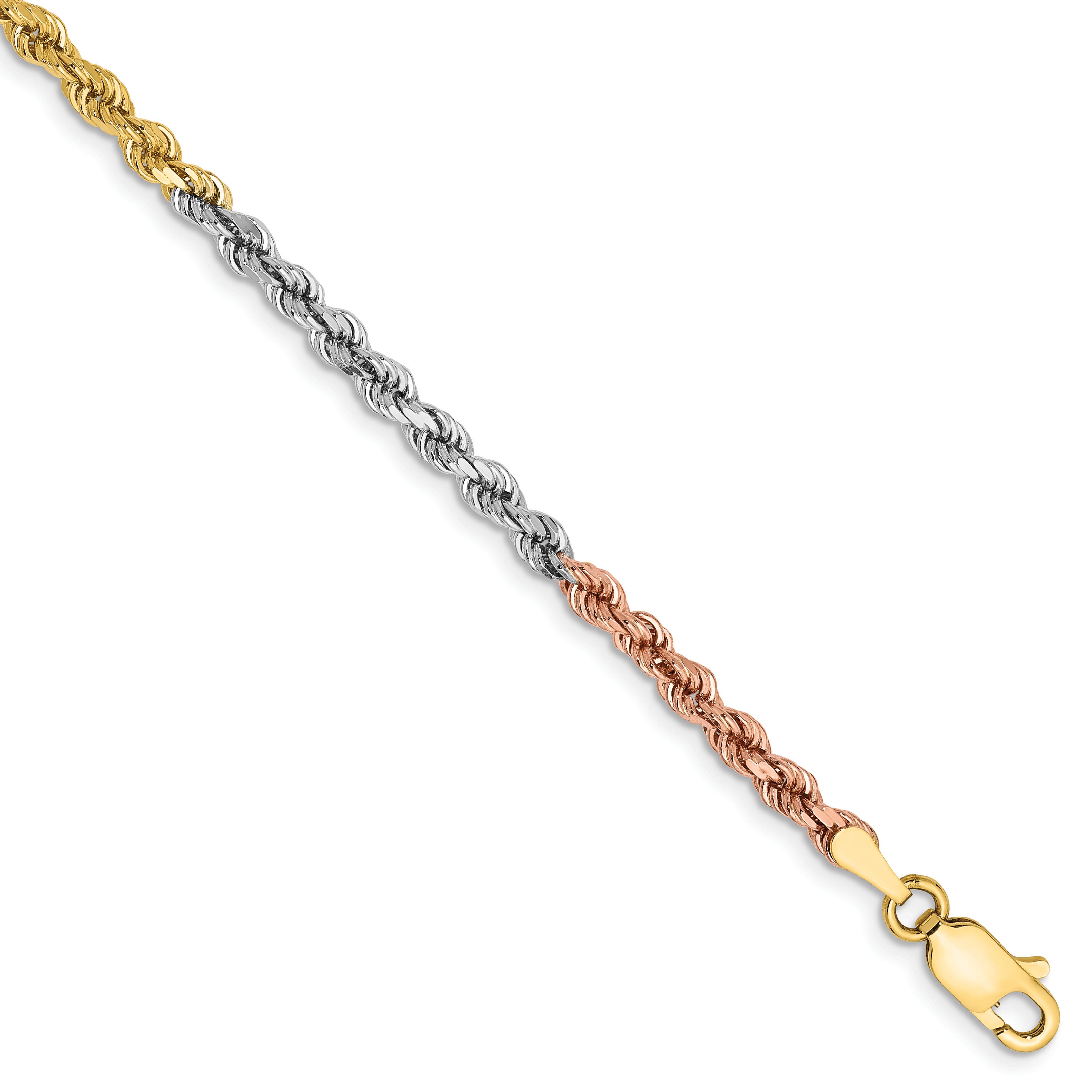 14K Tri-colored 8 inch 2.9mm Diamond-cut Rope with Lobster Clasp Chain