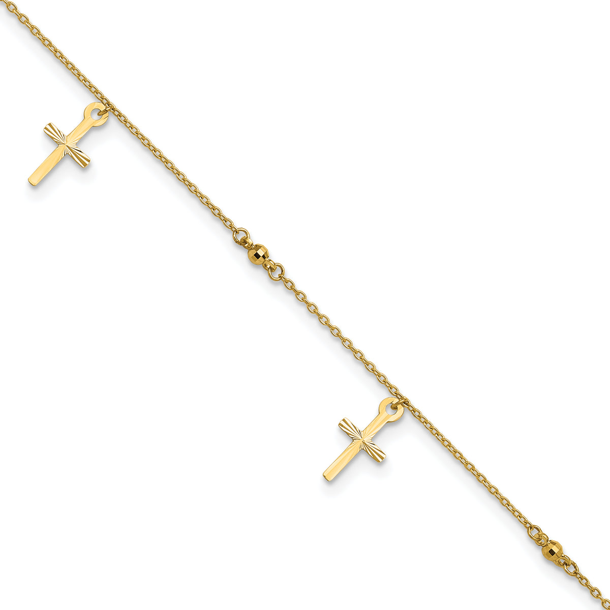 10k Polished and Textured Cross 9in Plus 1in ext. Anklet