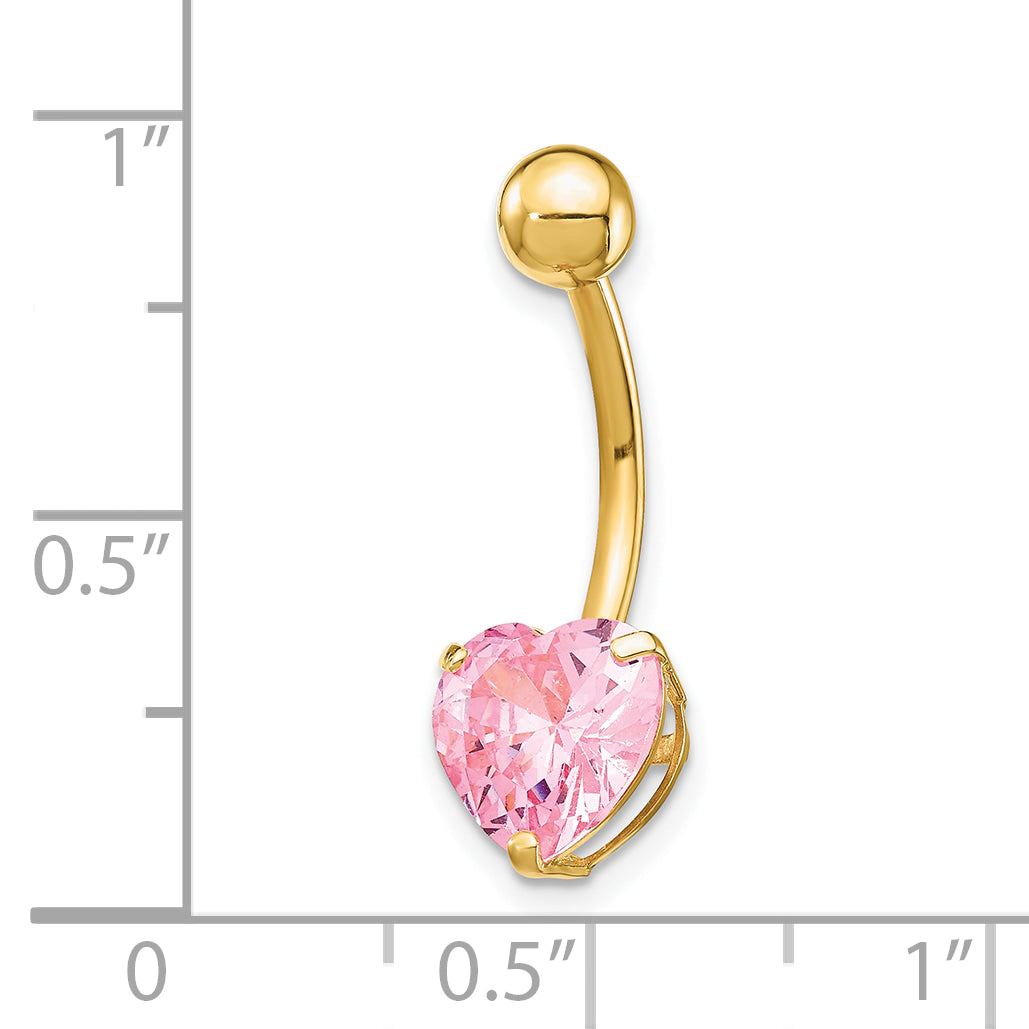 10K Yellow Gold Pink CZ Heart Navel Dangle Jewelry Casted Elegance
