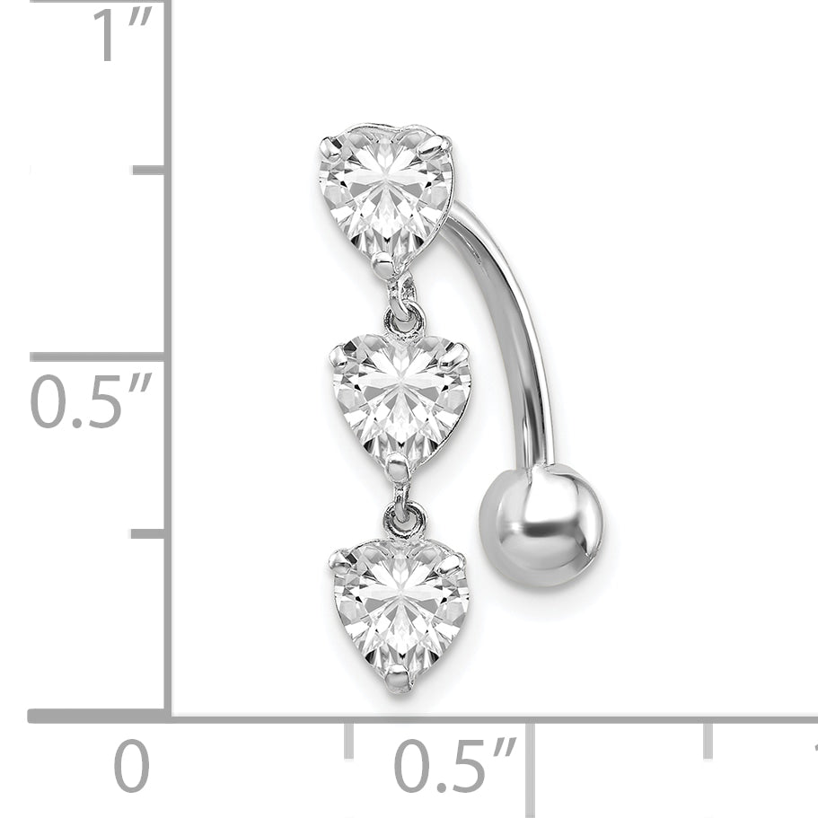 10K White Gold CZ Heart Belly Dangle with Rhodium Plating