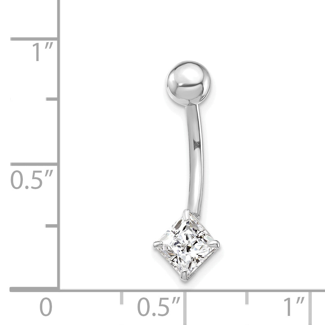 10k White Gold W/5mm Square Cz Belly Dangle