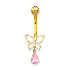 10k W/Dangle Butterfly/Pink Cz Belly Dangle